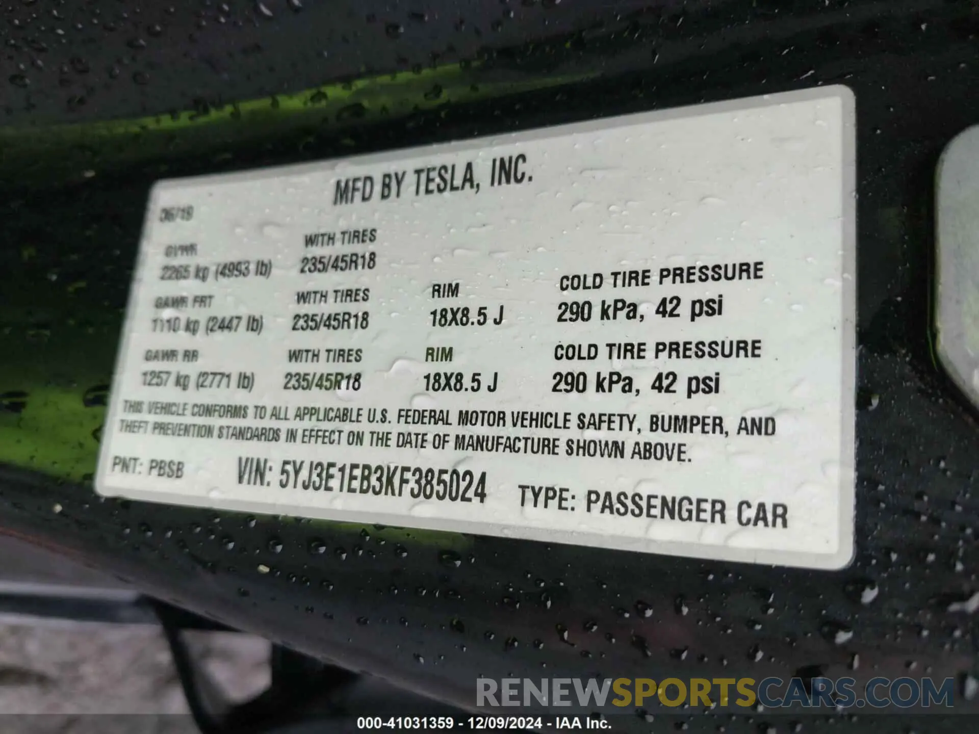 9 fotografías del automóvil dañado 5YJ3E1EB3KF385024 TESLA MODEL 3 2019