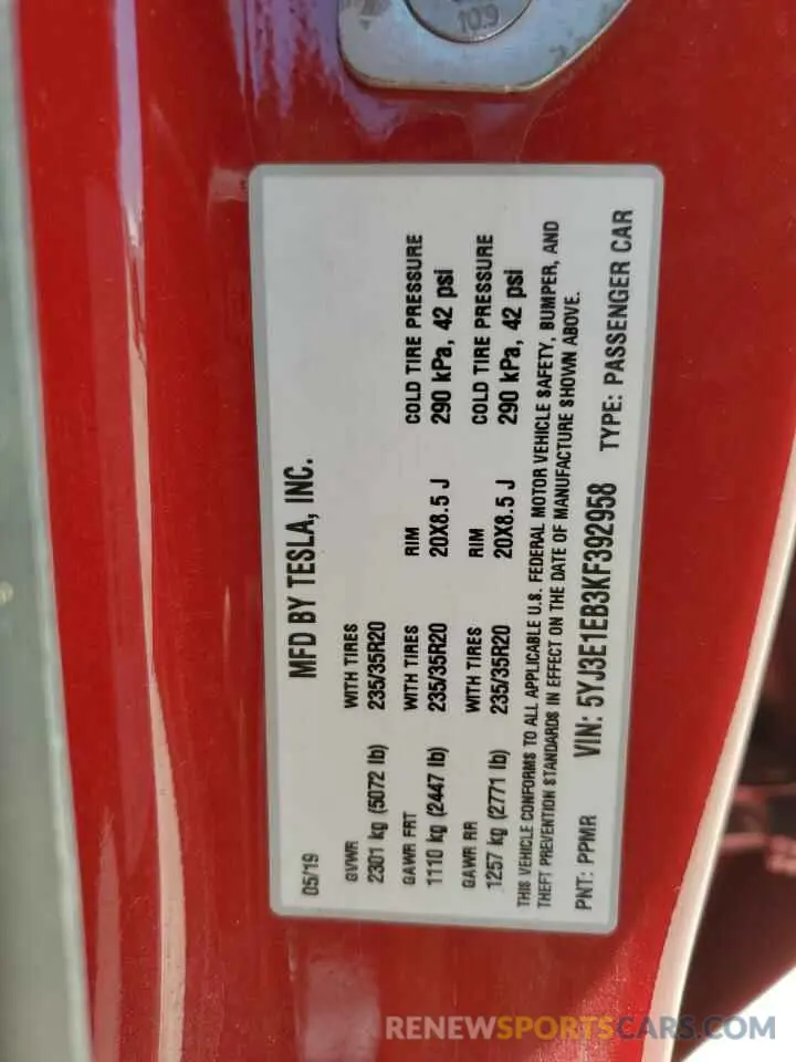 13 fotografías del automóvil dañado 5YJ3E1EB3KF392958 TESLA MODEL 3 2019
