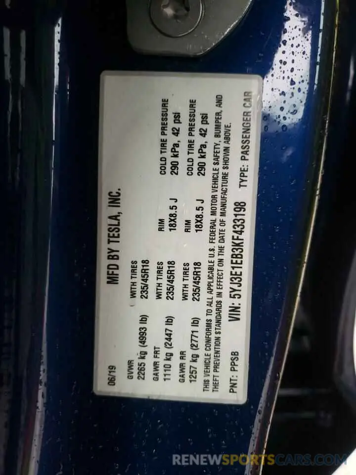13 fotografías del automóvil dañado 5YJ3E1EB3KF433198 TESLA MODEL 3 2019