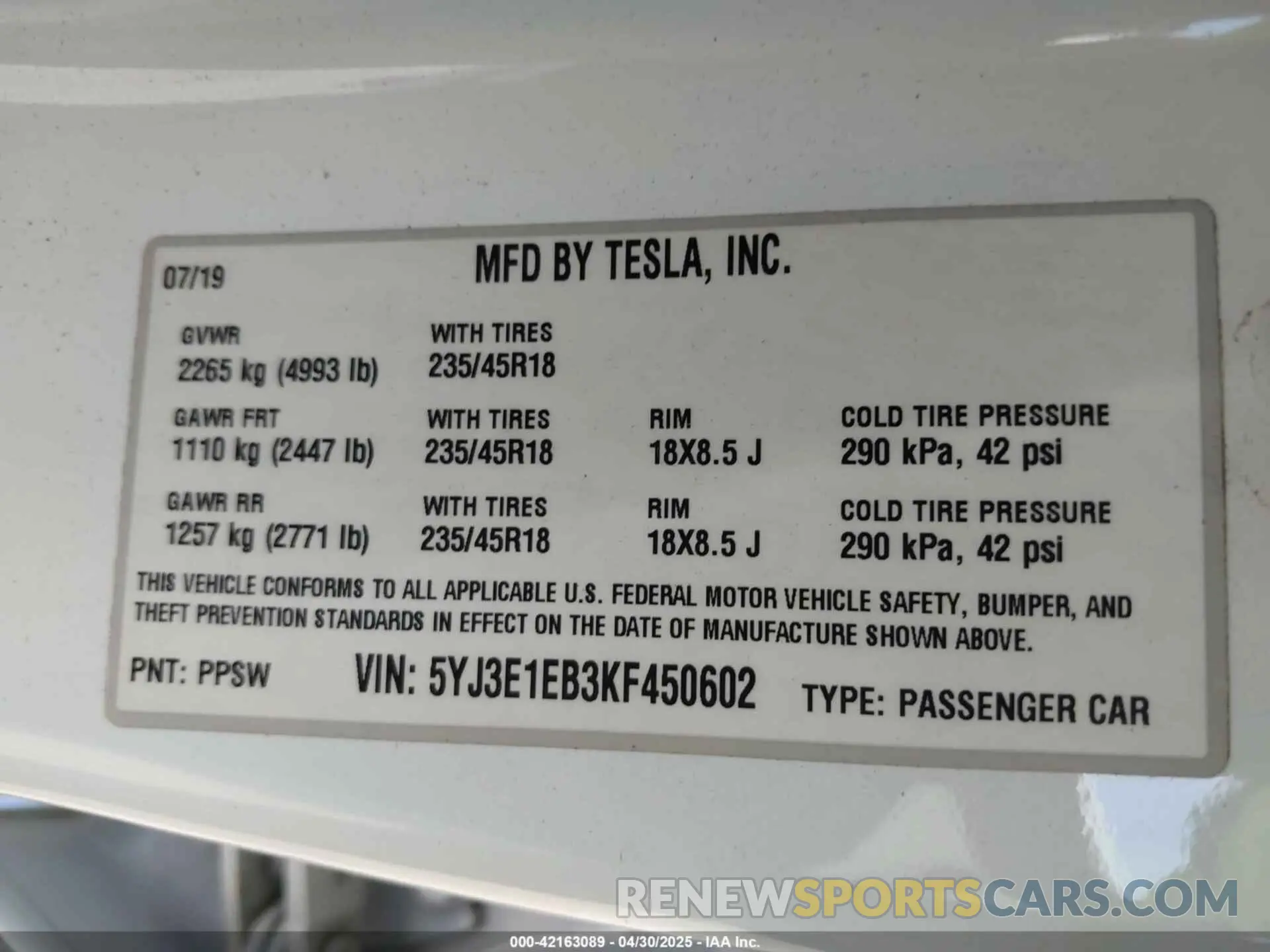 9 fotografías del automóvil dañado 5YJ3E1EB3KF450602 TESLA MODEL 3 2019
