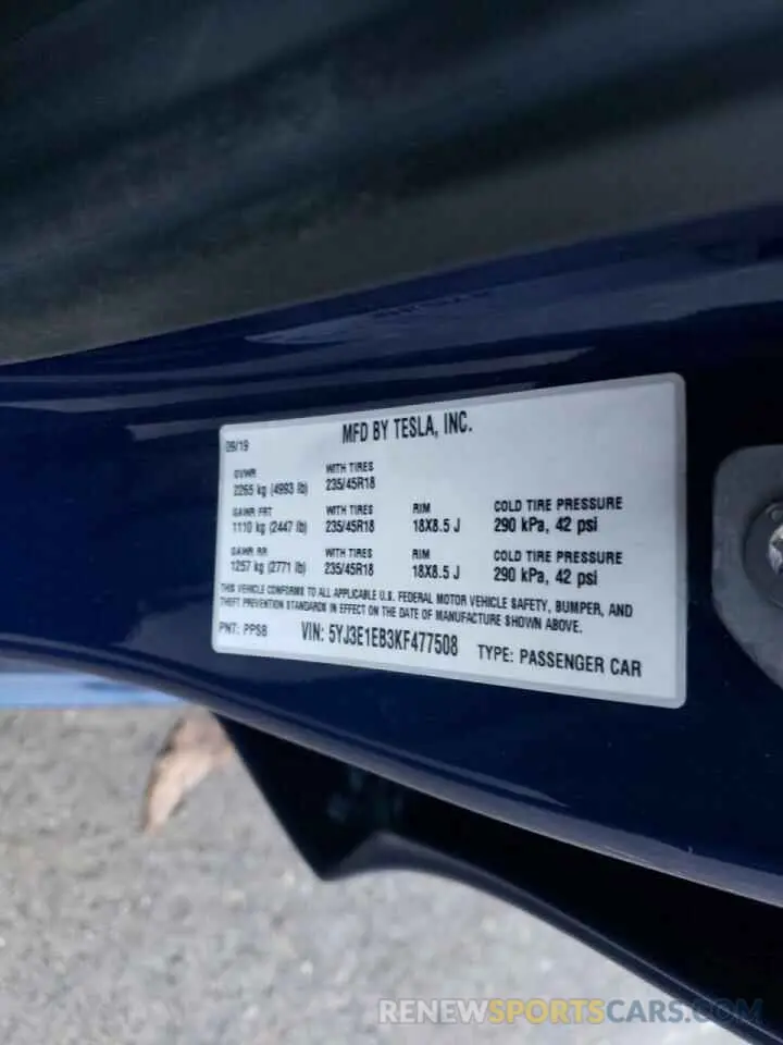 10 fotografías del automóvil dañado 5YJ3E1EB3KF477508 TESLA MODEL 3 2019