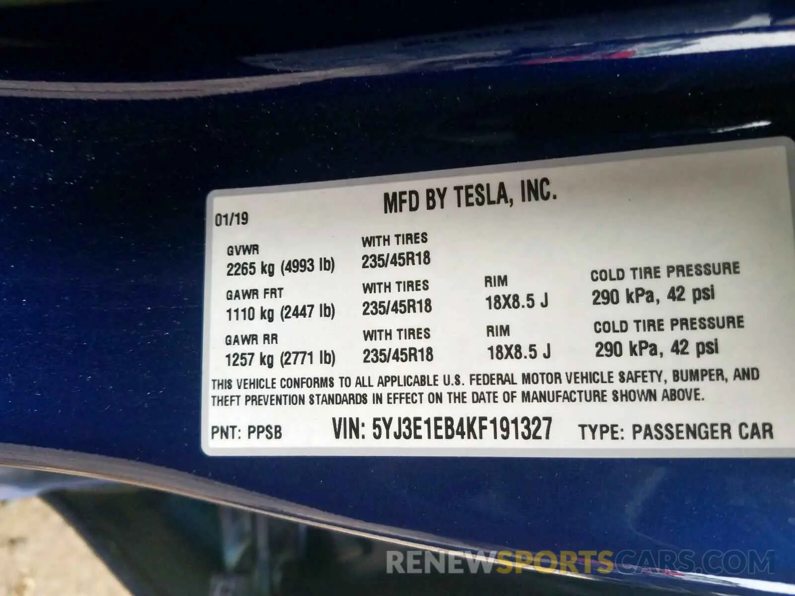 10 fotografías del automóvil dañado 5YJ3E1EB4KF191327 TESLA MODEL 3 2019