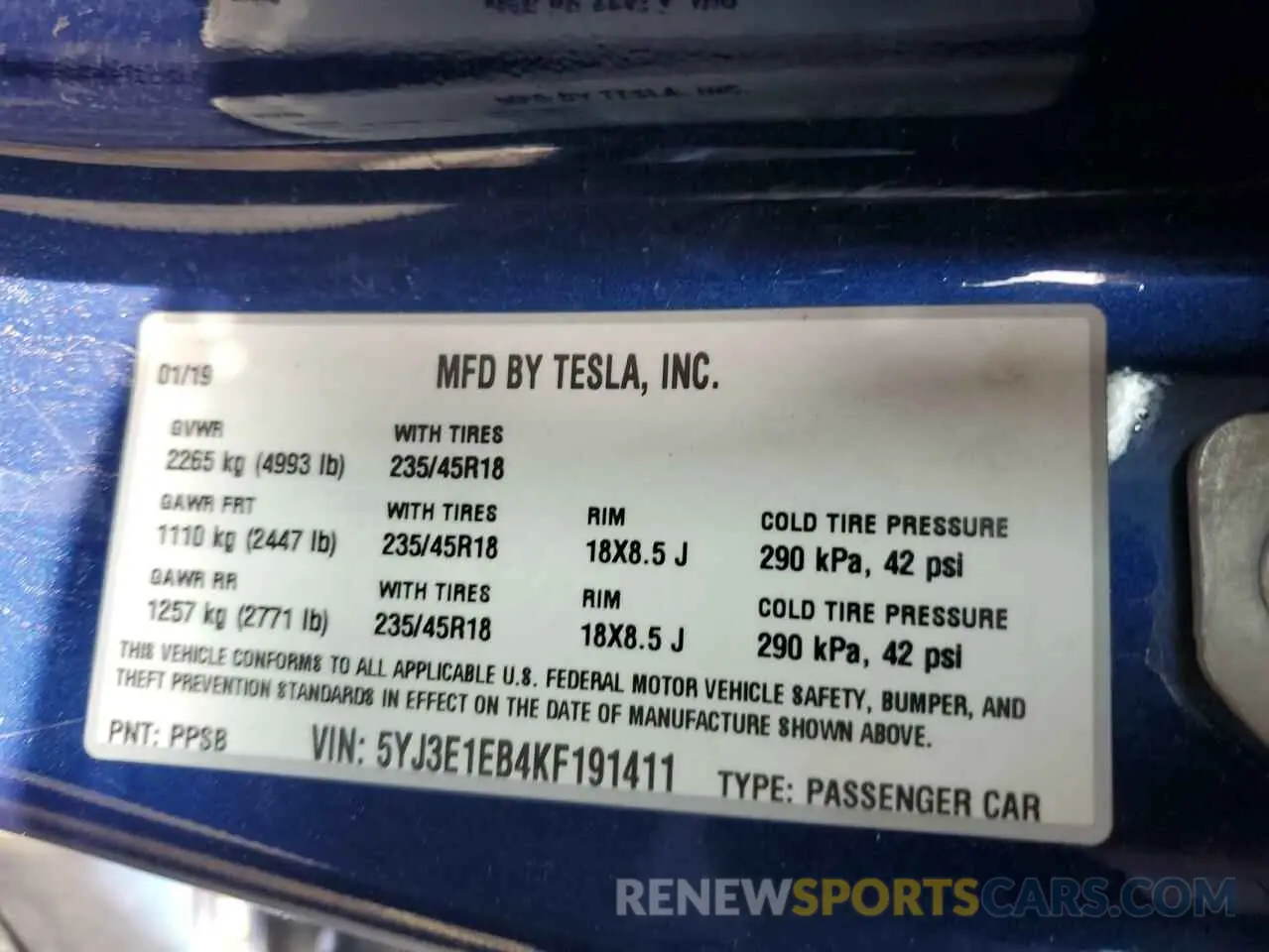 12 fotografías del automóvil dañado 5YJ3E1EB4KF191411 TESLA MODEL 3 2019