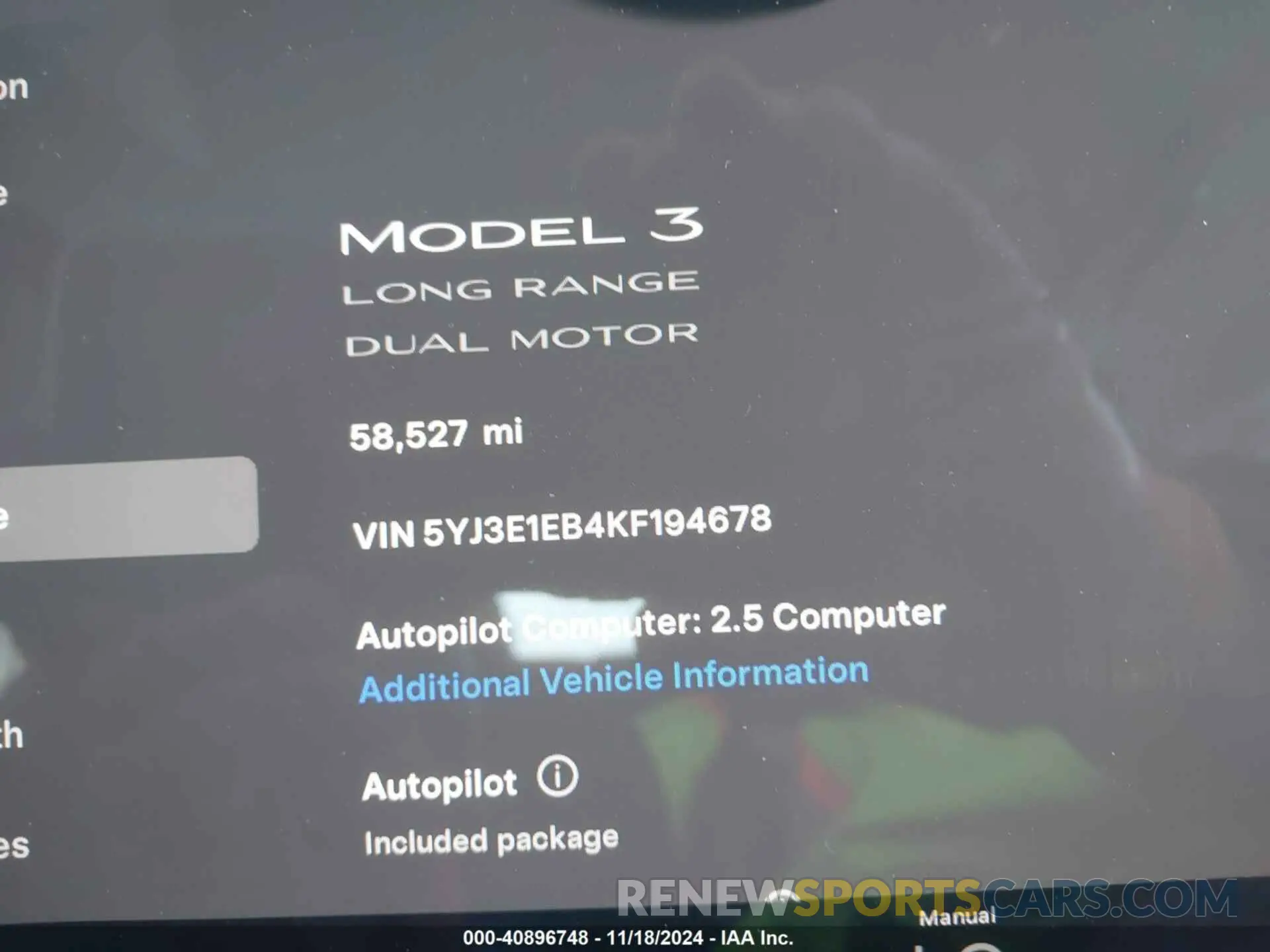 7 fotografías del automóvil dañado 5YJ3E1EB4KF194678 TESLA MODEL 3 2019