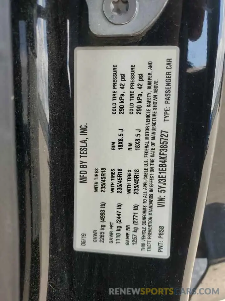 12 fotografías del automóvil dañado 5YJ3E1EB4KF385727 TESLA MODEL 3 2019