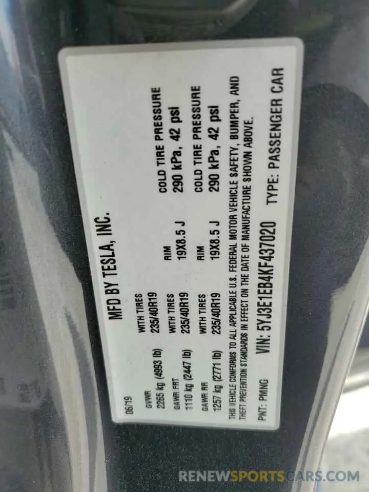 13 fotografías del automóvil dañado 5YJ3E1EB4KF437020 TESLA MODEL 3 2019