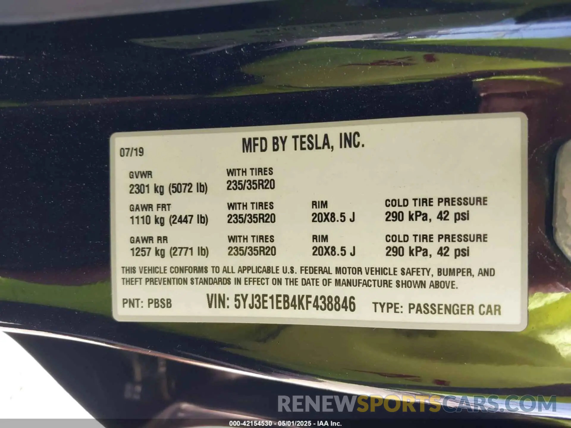 9 fotografías del automóvil dañado 5YJ3E1EB4KF438846 TESLA MODEL 3 2019