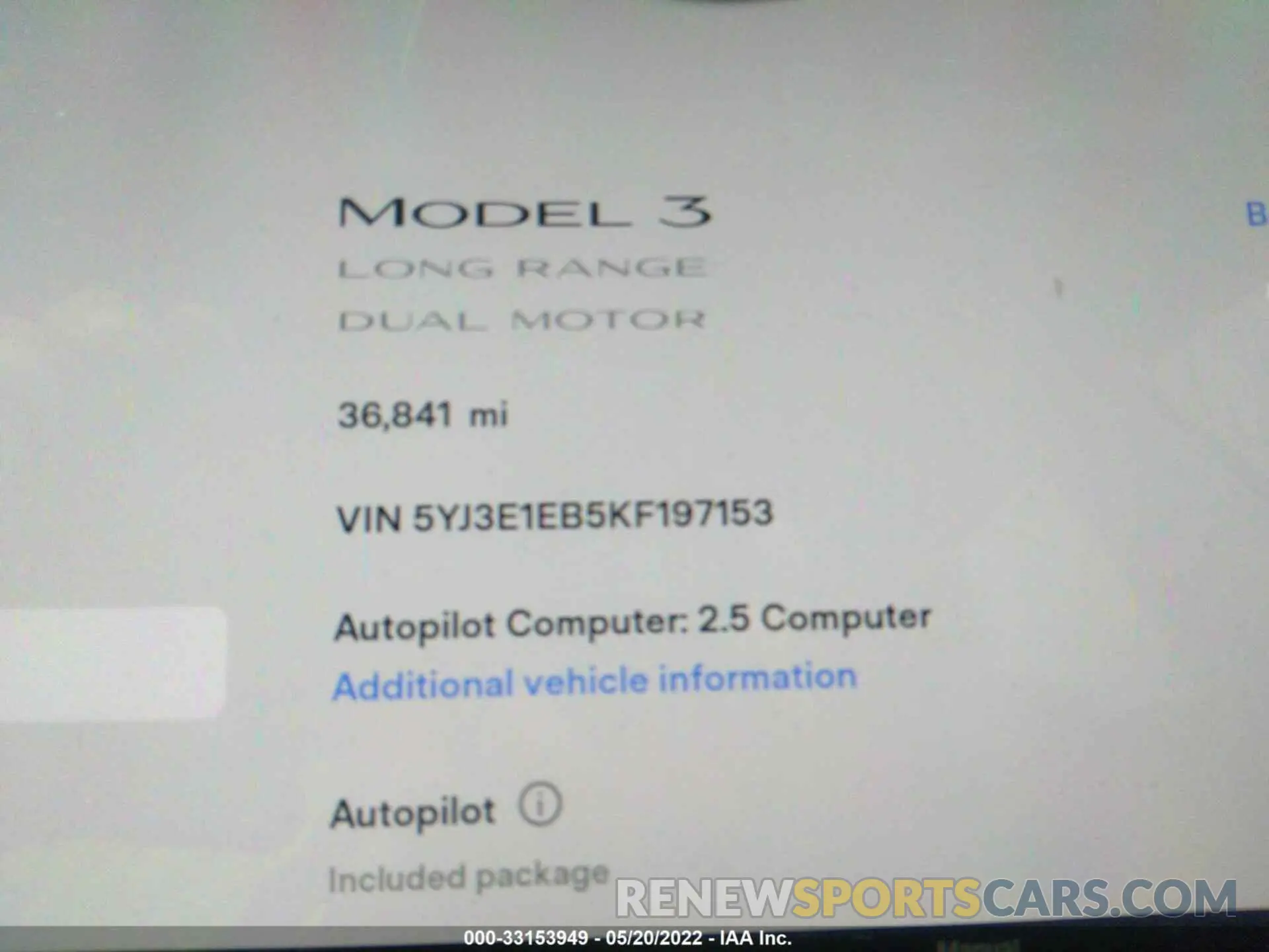 7 fotografías del automóvil dañado 5YJ3E1EB5KF197153 TESLA MODEL 3 2019