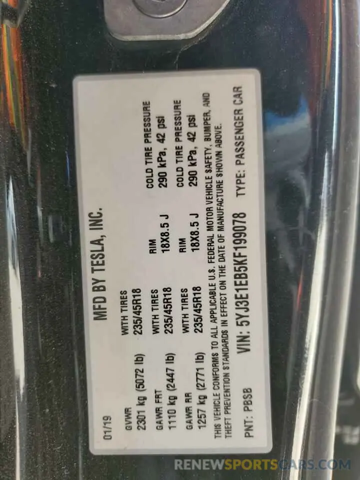 12 fotografías del automóvil dañado 5YJ3E1EB5KF199078 TESLA MODEL 3 2019