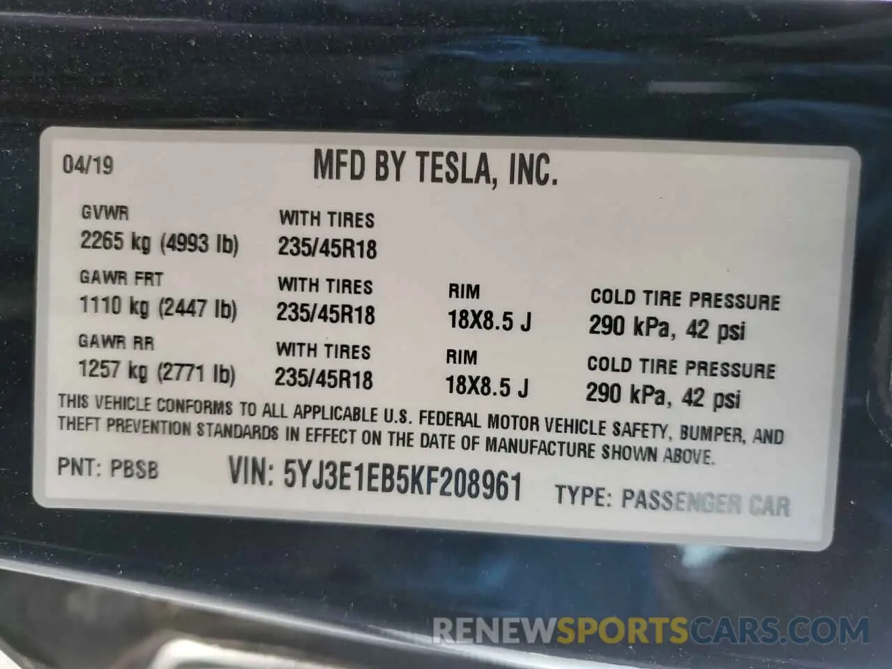 12 fotografías del automóvil dañado 5YJ3E1EB5KF208961 TESLA MODEL 3 2019
