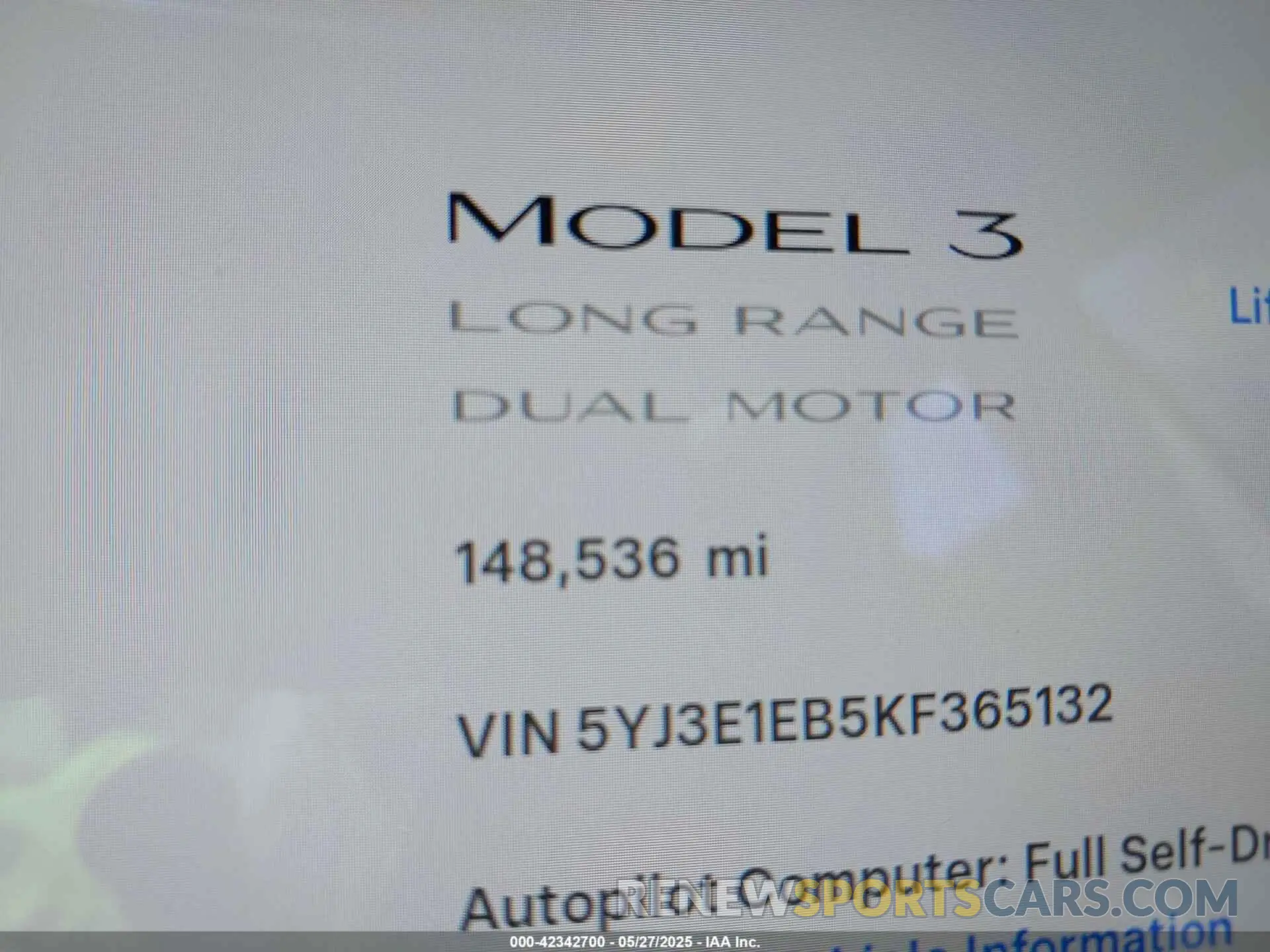 15 fotografías del automóvil dañado 5YJ3E1EB5KF365132 TESLA MODEL 3 2019