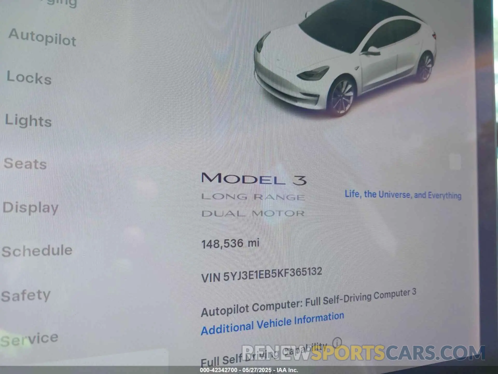 7 fotografías del automóvil dañado 5YJ3E1EB5KF365132 TESLA MODEL 3 2019