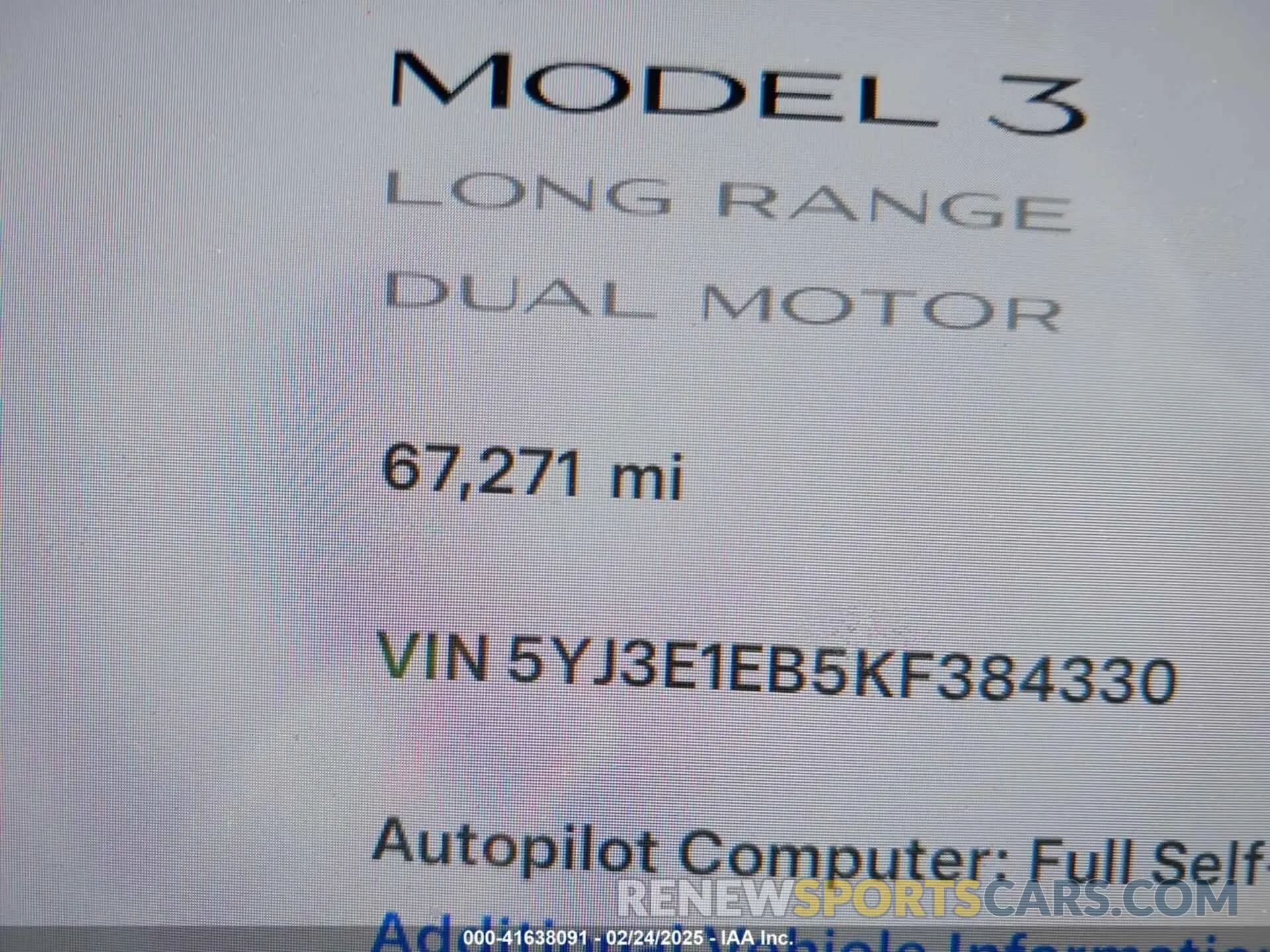 16 fotografías del automóvil dañado 5YJ3E1EB5KF384330 TESLA MODEL 3 2019
