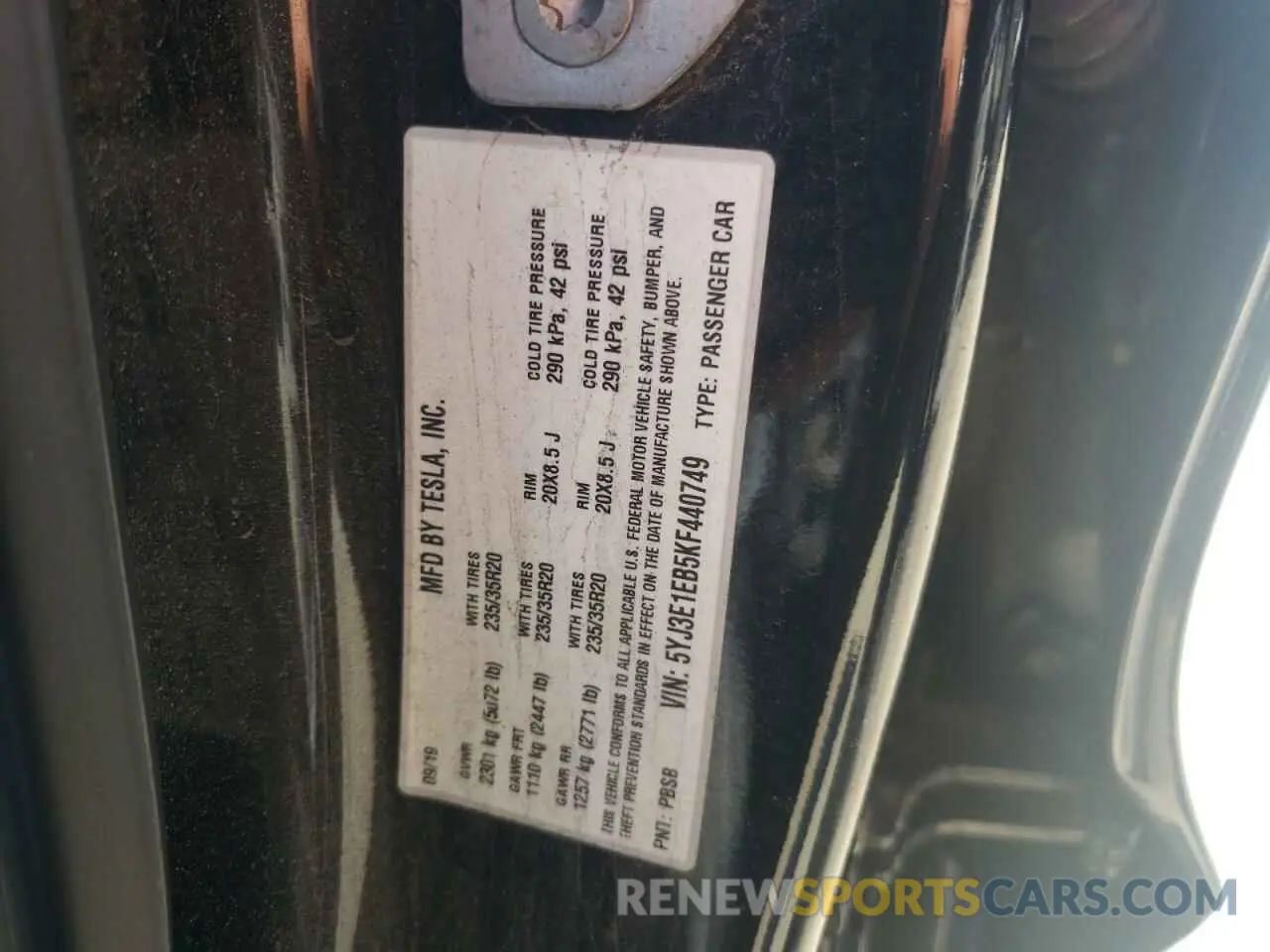 12 fotografías del automóvil dañado 5YJ3E1EB5KF440749 TESLA MODEL 3 2019