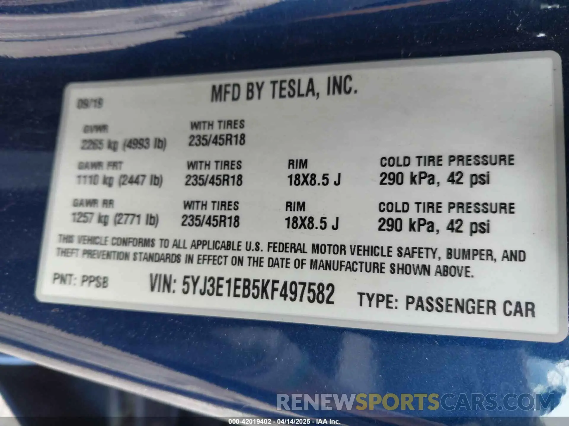 9 fotografías del automóvil dañado 5YJ3E1EB5KF497582 TESLA MODEL 3 2019