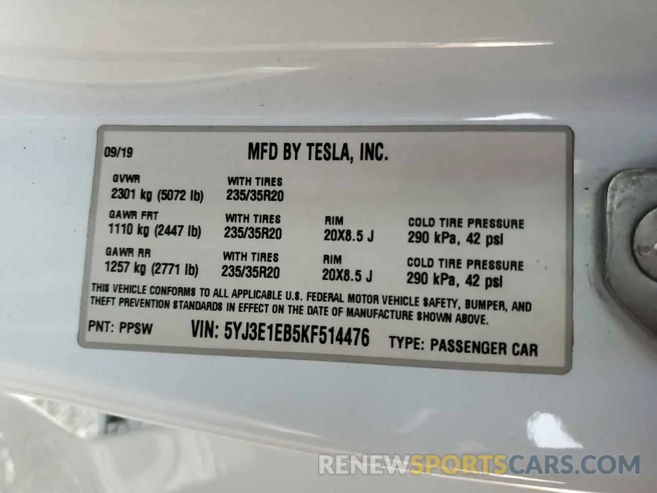 12 fotografías del automóvil dañado 5YJ3E1EB5KF514476 TESLA MODEL 3 2019