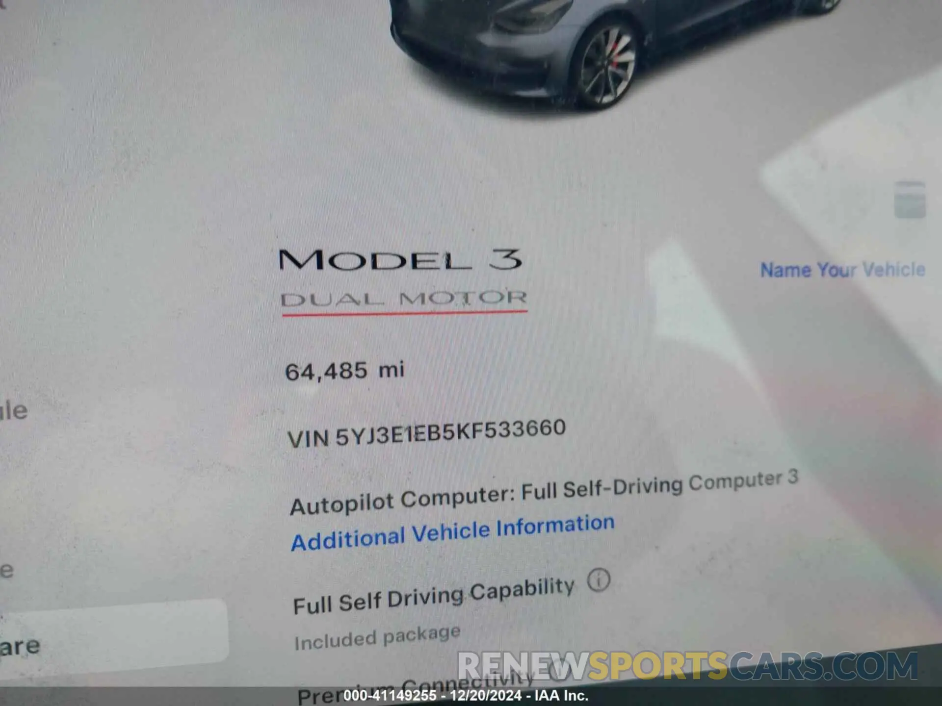 7 fotografías del automóvil dañado 5YJ3E1EB5KF533660 TESLA MODEL 3 2019