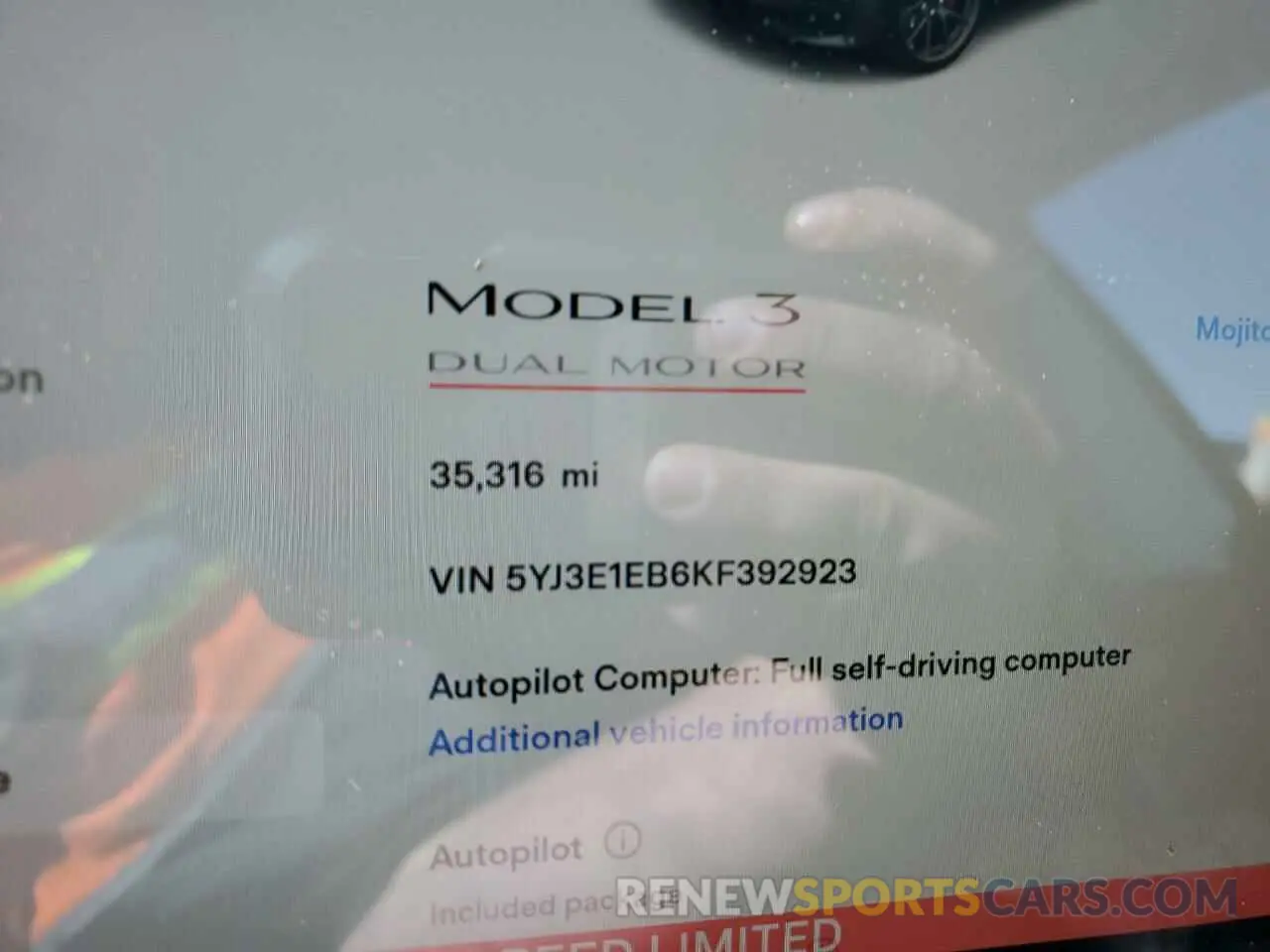 8 fotografías del automóvil dañado 5YJ3E1EB6KF392923 TESLA MODEL 3 2019