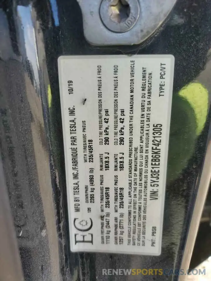 12 fotografías del automóvil dañado 5YJ3E1EB6KF421305 TESLA MODEL 3 2019