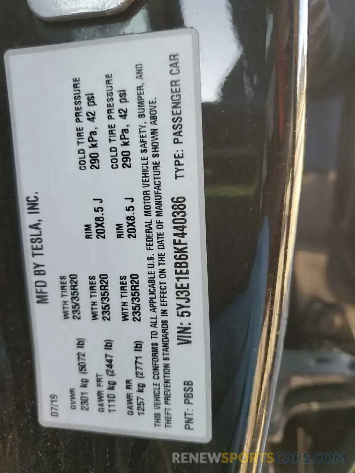 12 fotografías del automóvil dañado 5YJ3E1EB6KF440386 TESLA MODEL 3 2019