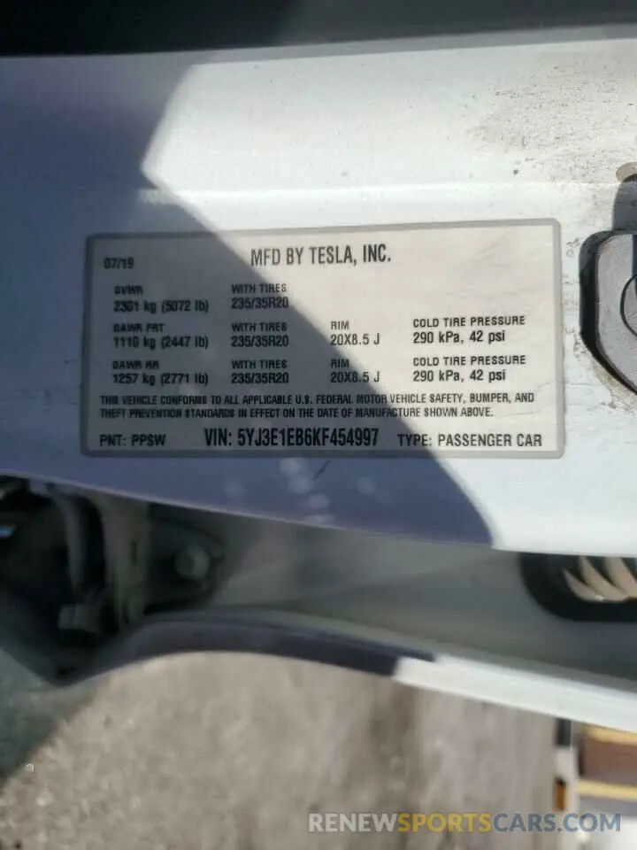 13 fotografías del automóvil dañado 5YJ3E1EB6KF454997 TESLA MODEL 3 2019