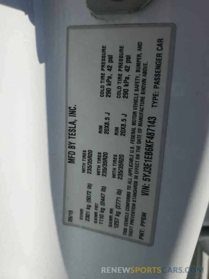 12 fotografías del automóvil dañado 5YJ3E1EB6KF487143 TESLA MODEL 3 2019
