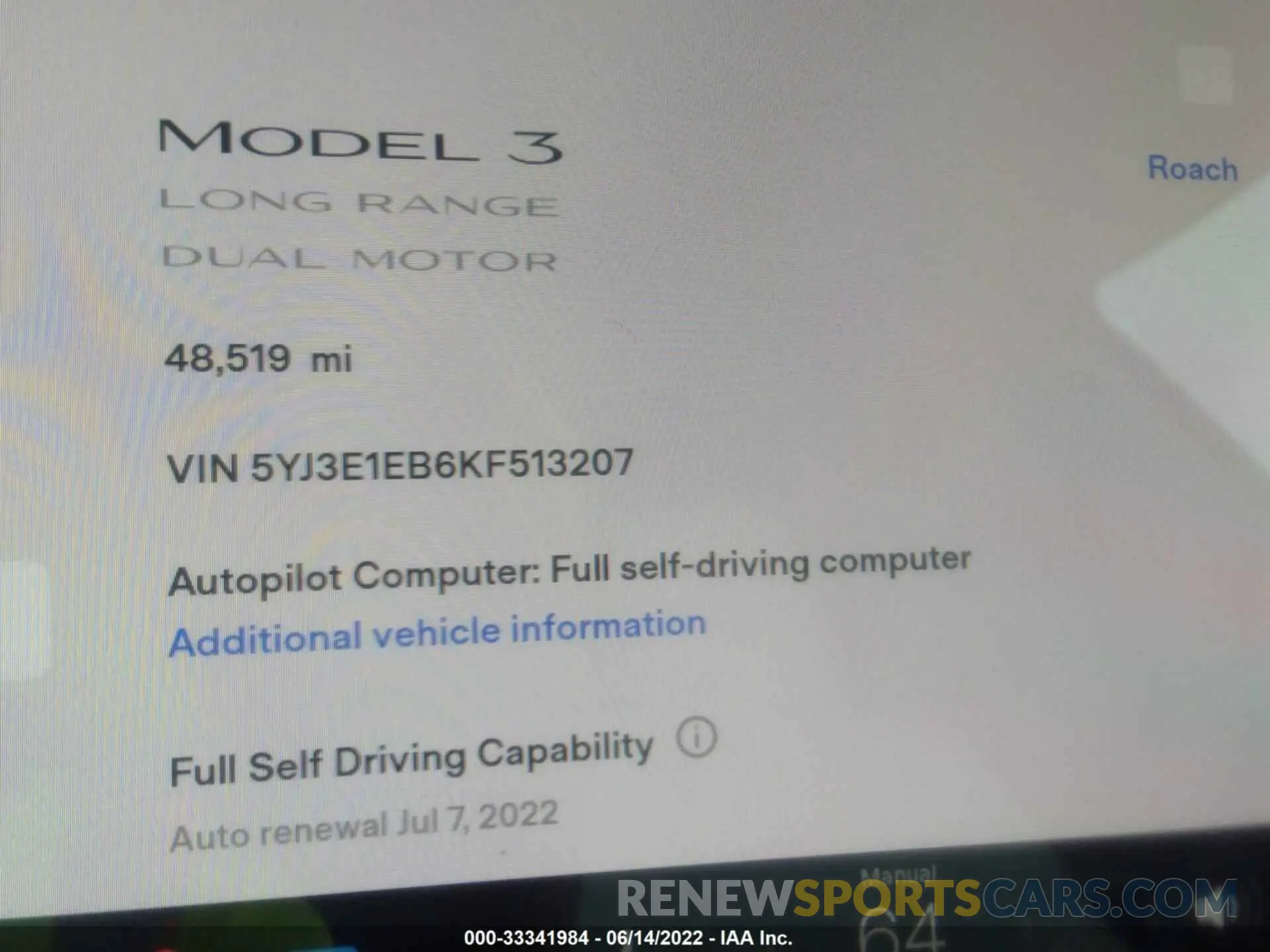 7 fotografías del automóvil dañado 5YJ3E1EB6KF513207 TESLA MODEL 3 2019