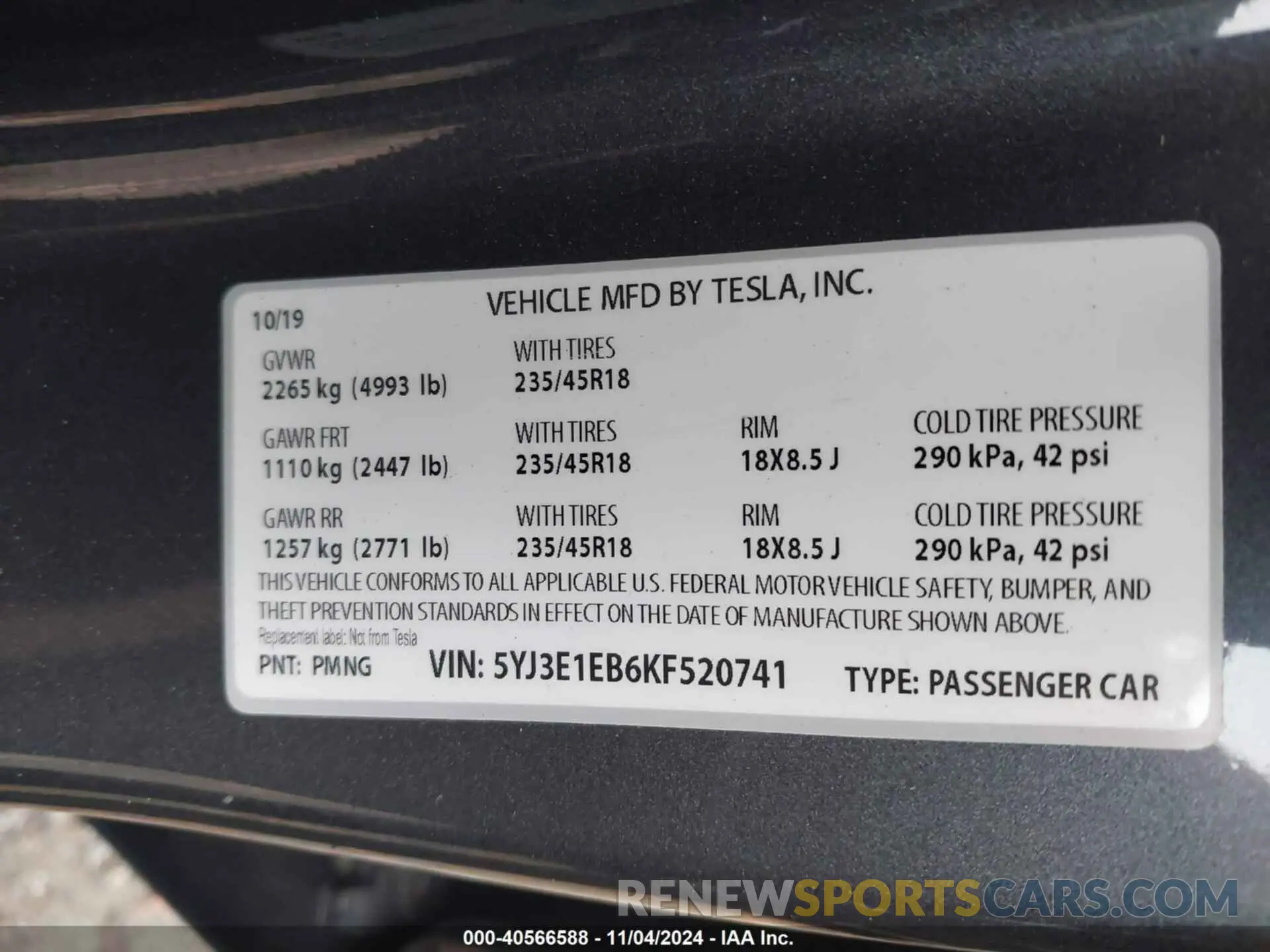 9 fotografías del automóvil dañado 5YJ3E1EB6KF520741 TESLA MODEL 3 2019