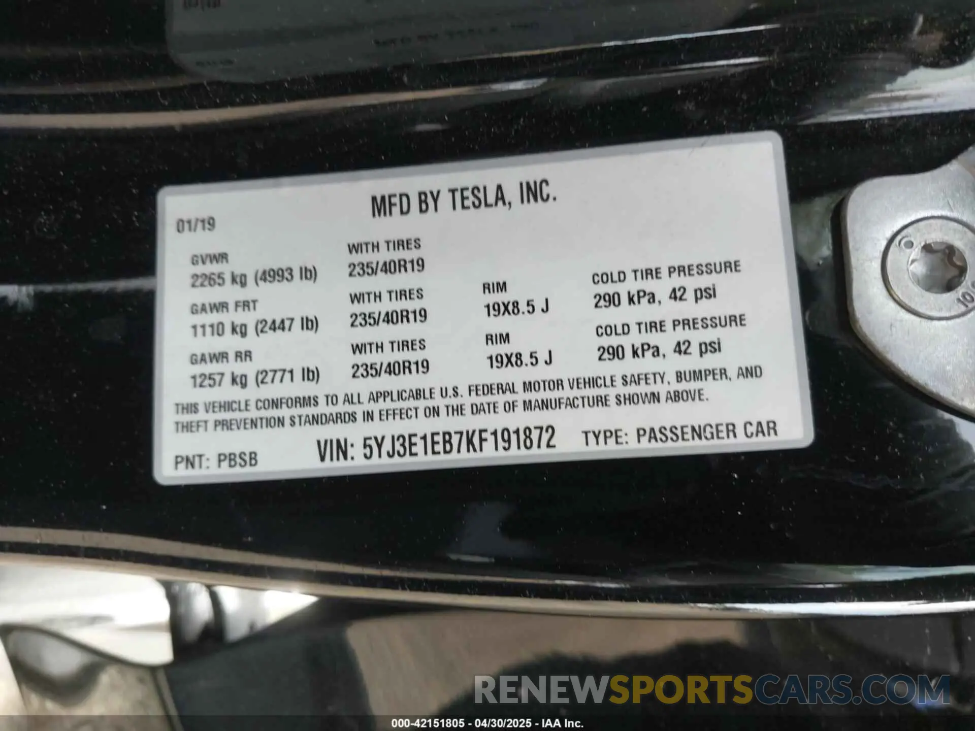 9 fotografías del automóvil dañado 5YJ3E1EB7KF191872 TESLA MODEL 3 2019
