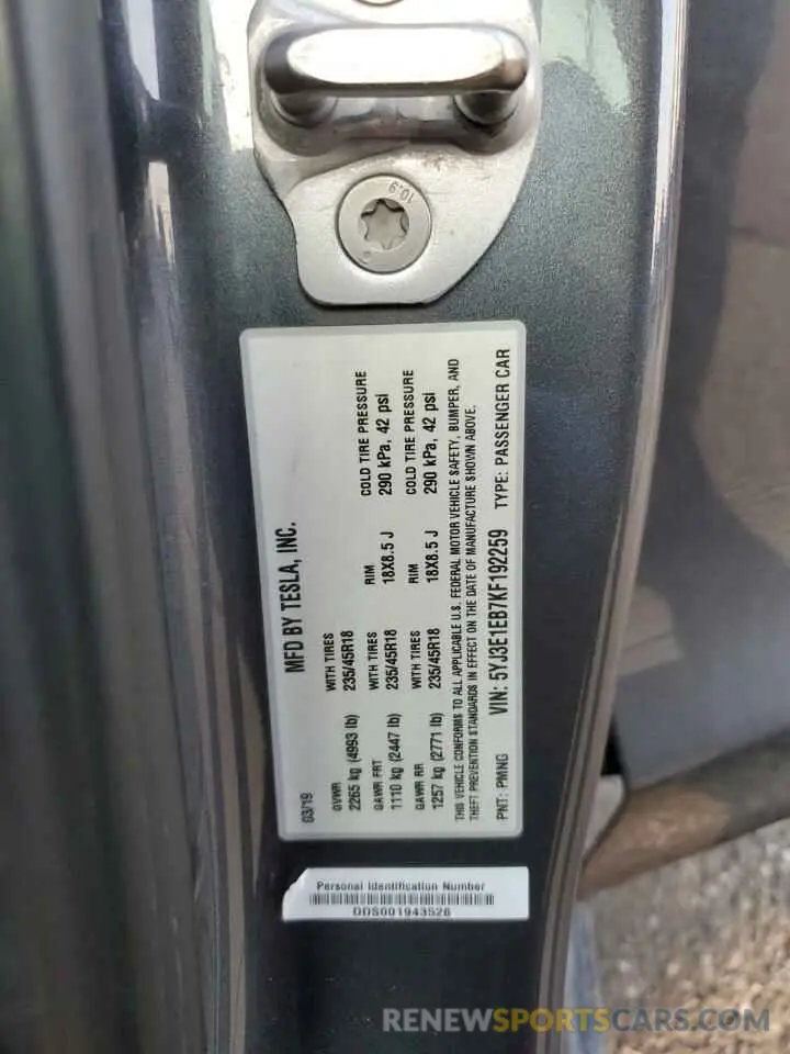 12 fotografías del automóvil dañado 5YJ3E1EB7KF192259 TESLA MODEL 3 2019