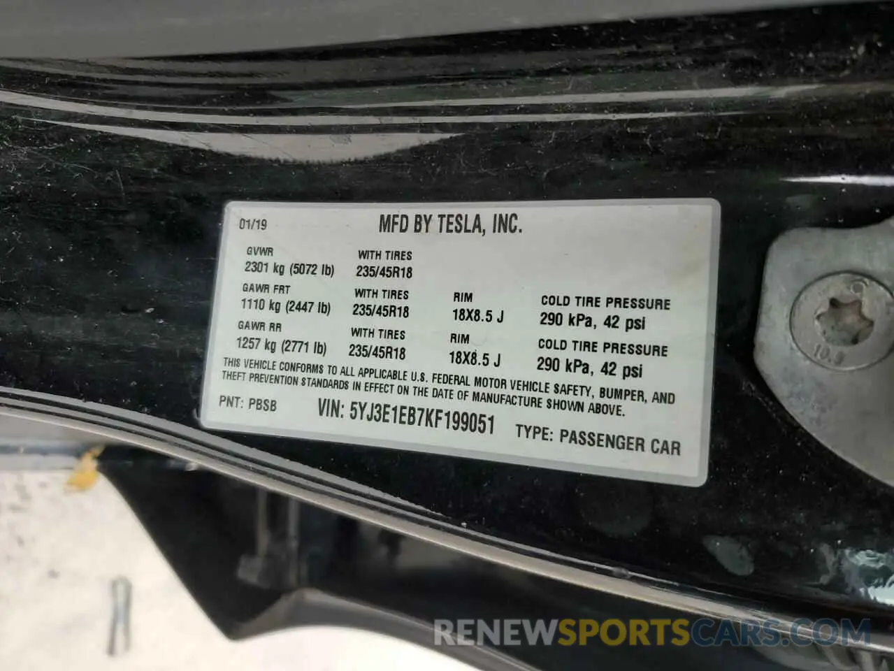 15 fotografías del automóvil dañado 5YJ3E1EB7KF199051 TESLA MODEL 3 2019