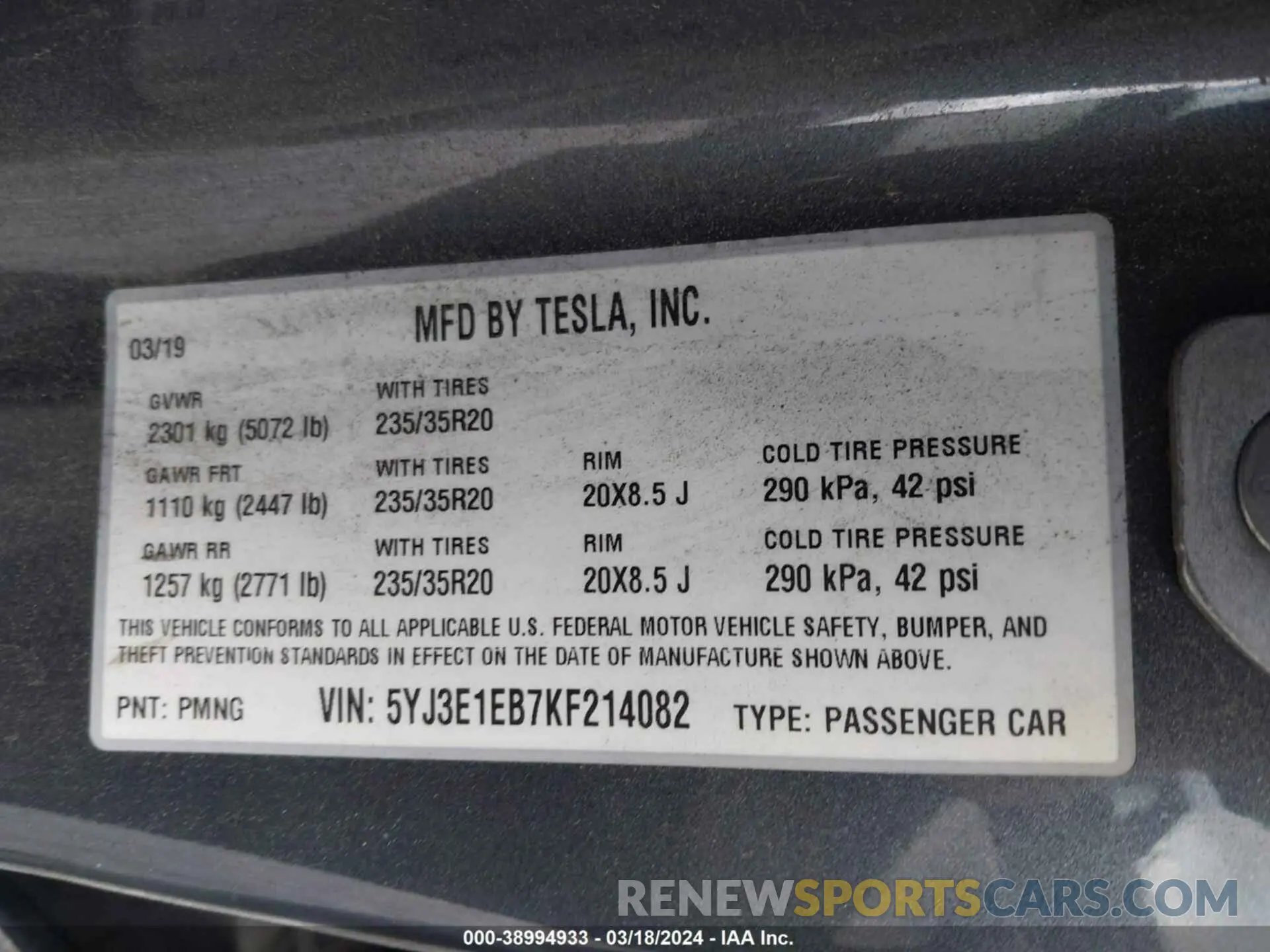 9 fotografías del automóvil dañado 5YJ3E1EB7KF214082 TESLA MODEL 3 2019