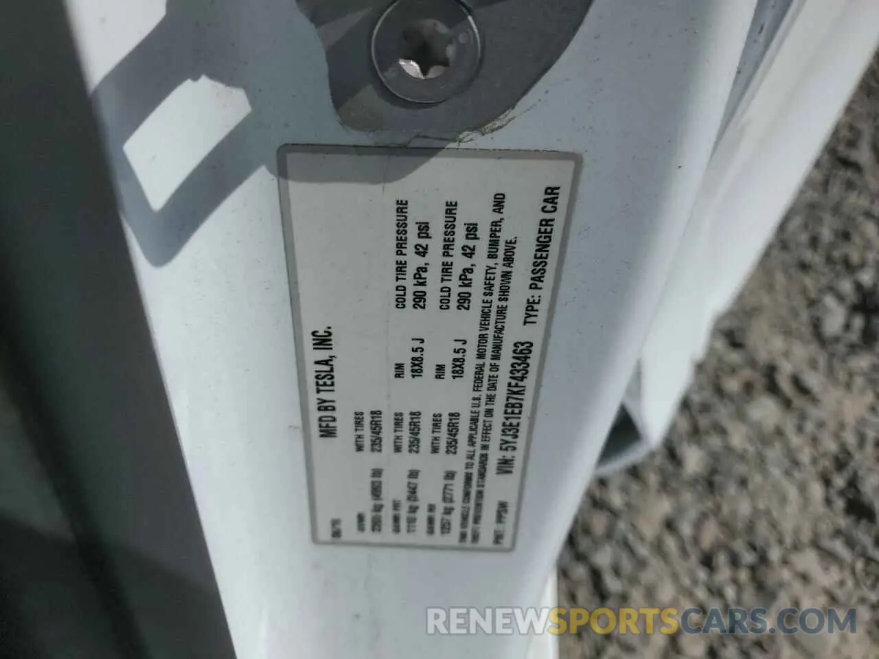 12 fotografías del automóvil dañado 5YJ3E1EB7KF433463 TESLA MODEL 3 2019