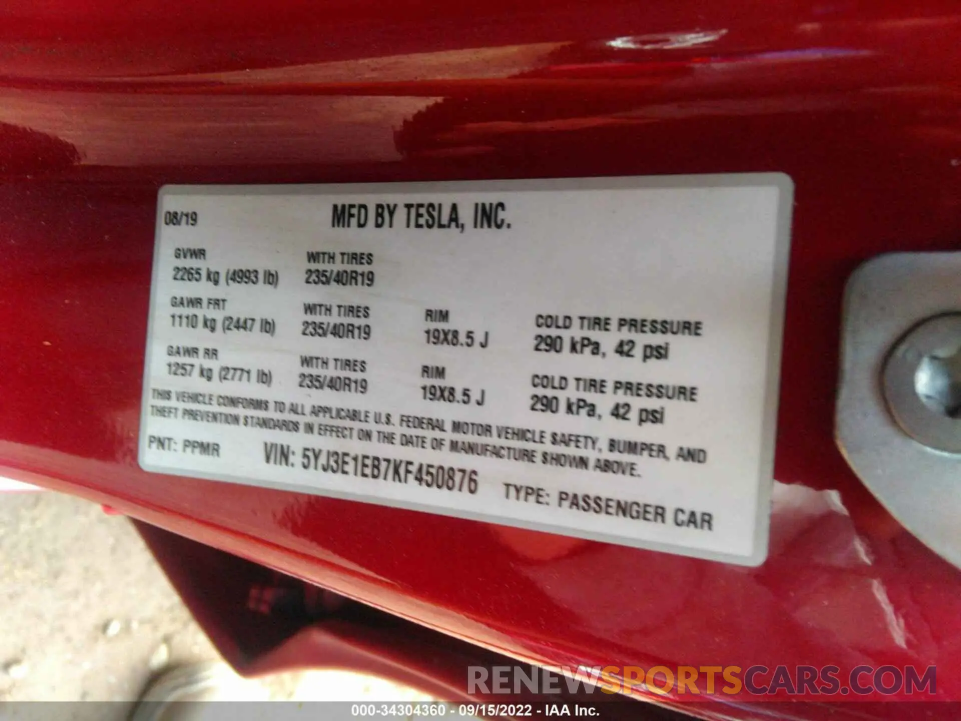9 fotografías del automóvil dañado 5YJ3E1EB7KF450876 TESLA MODEL 3 2019