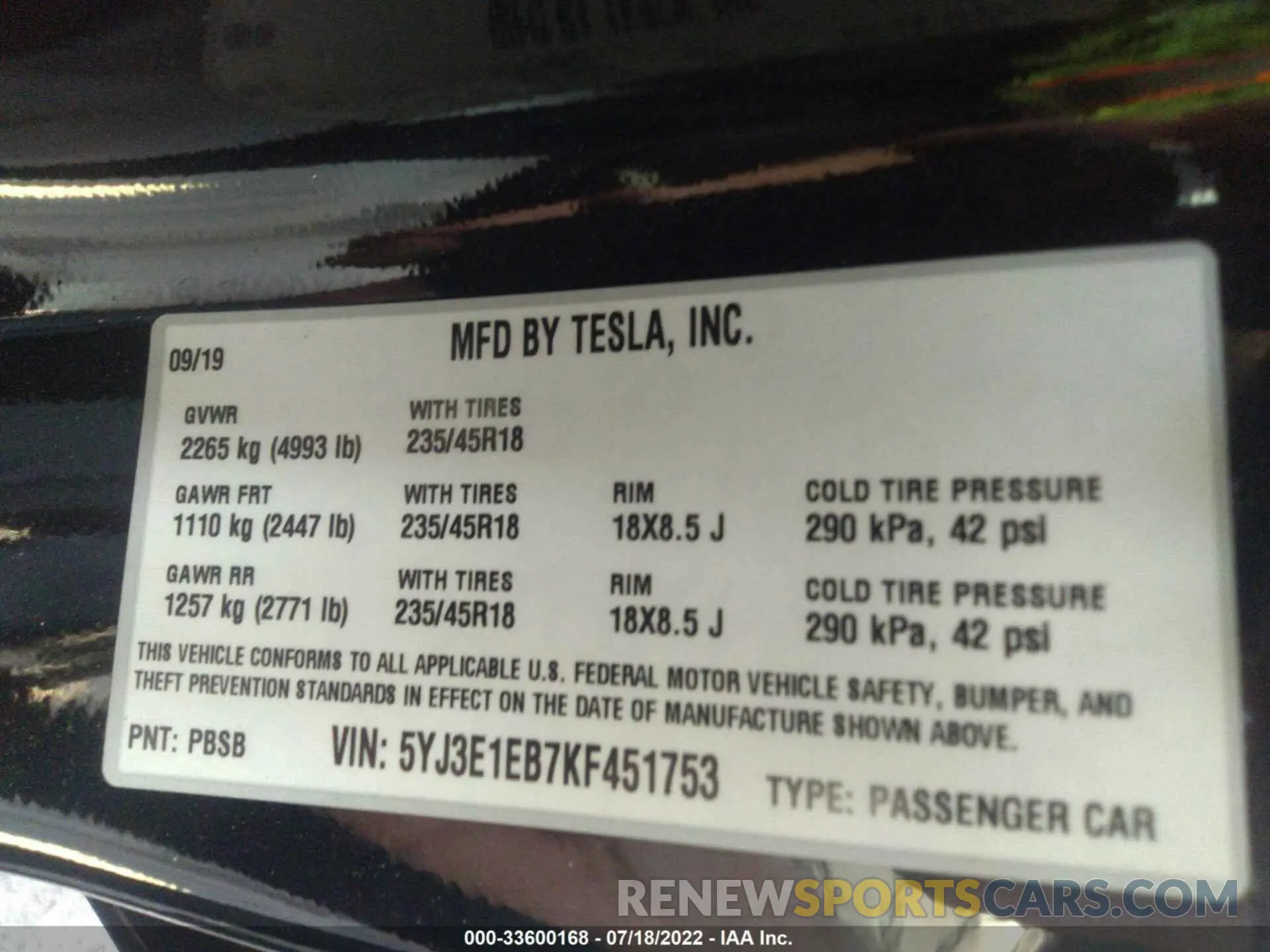 9 fotografías del automóvil dañado 5YJ3E1EB7KF451753 TESLA MODEL 3 2019