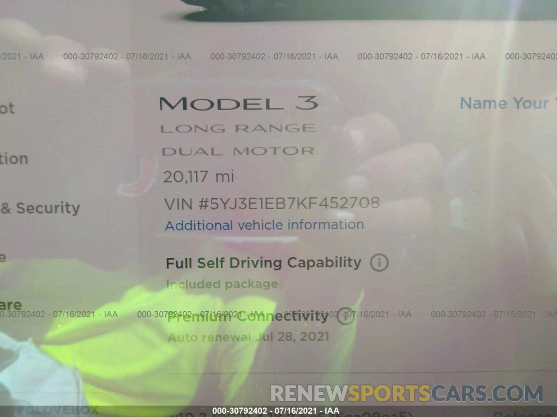 7 fotografías del automóvil dañado 5YJ3E1EB7KF452708 TESLA MODEL 3 2019