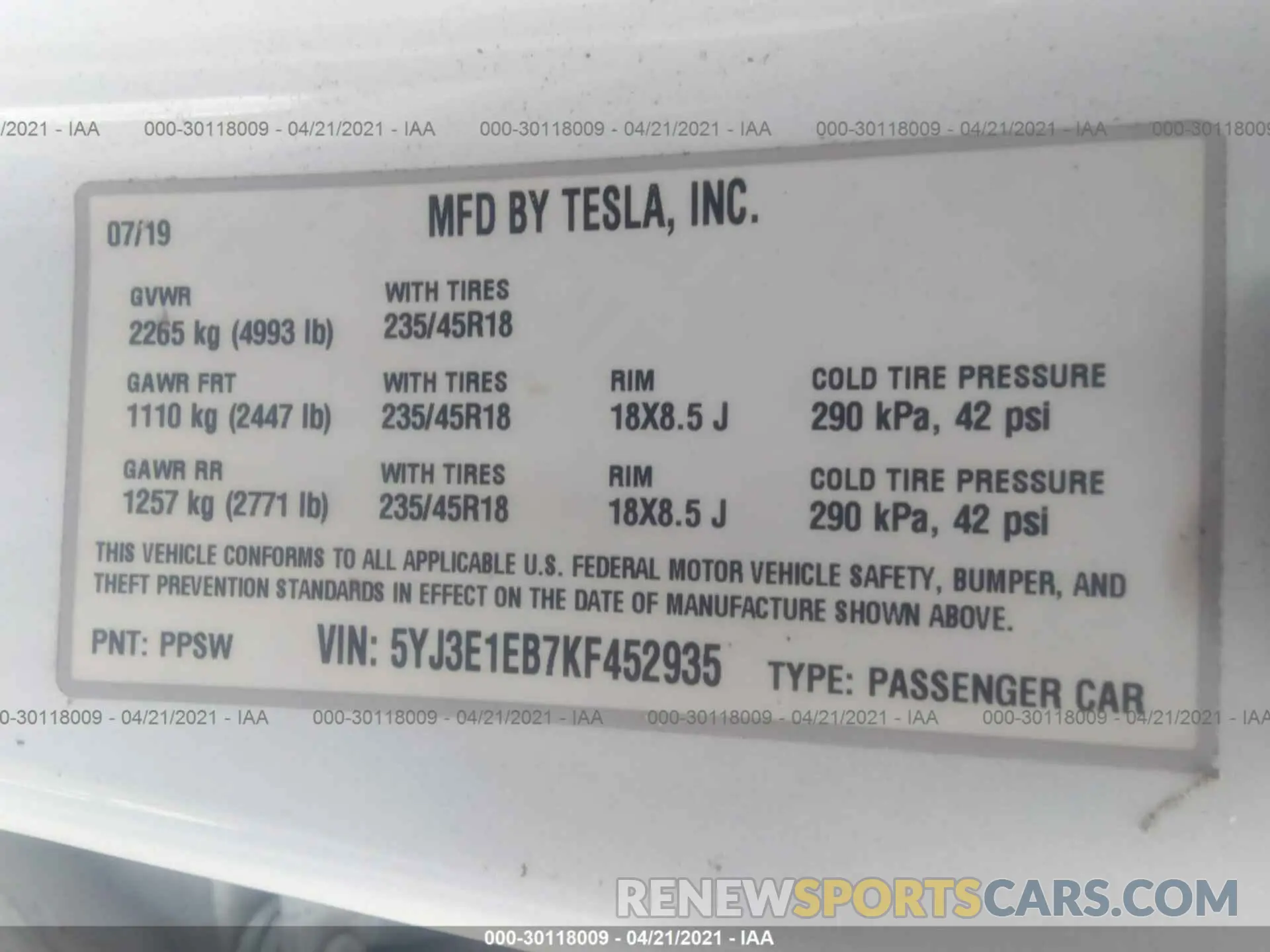 9 fotografías del automóvil dañado 5YJ3E1EB7KF452935 TESLA MODEL 3 2019