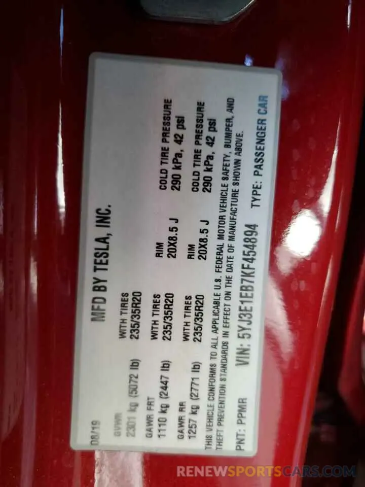 12 fotografías del automóvil dañado 5YJ3E1EB7KF454894 TESLA MODEL 3 2019