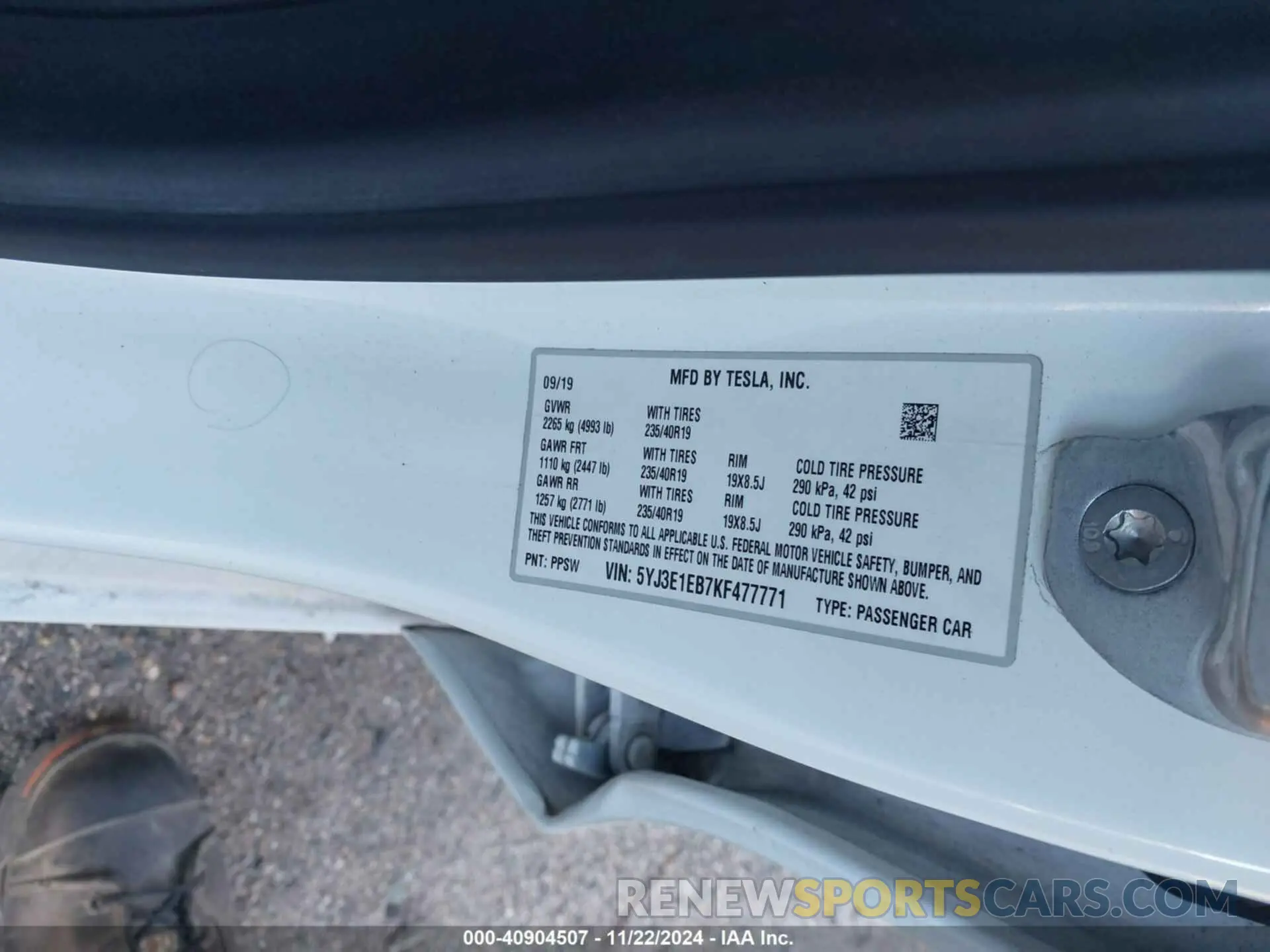9 fotografías del automóvil dañado 5YJ3E1EB7KF477771 TESLA MODEL 3 2019