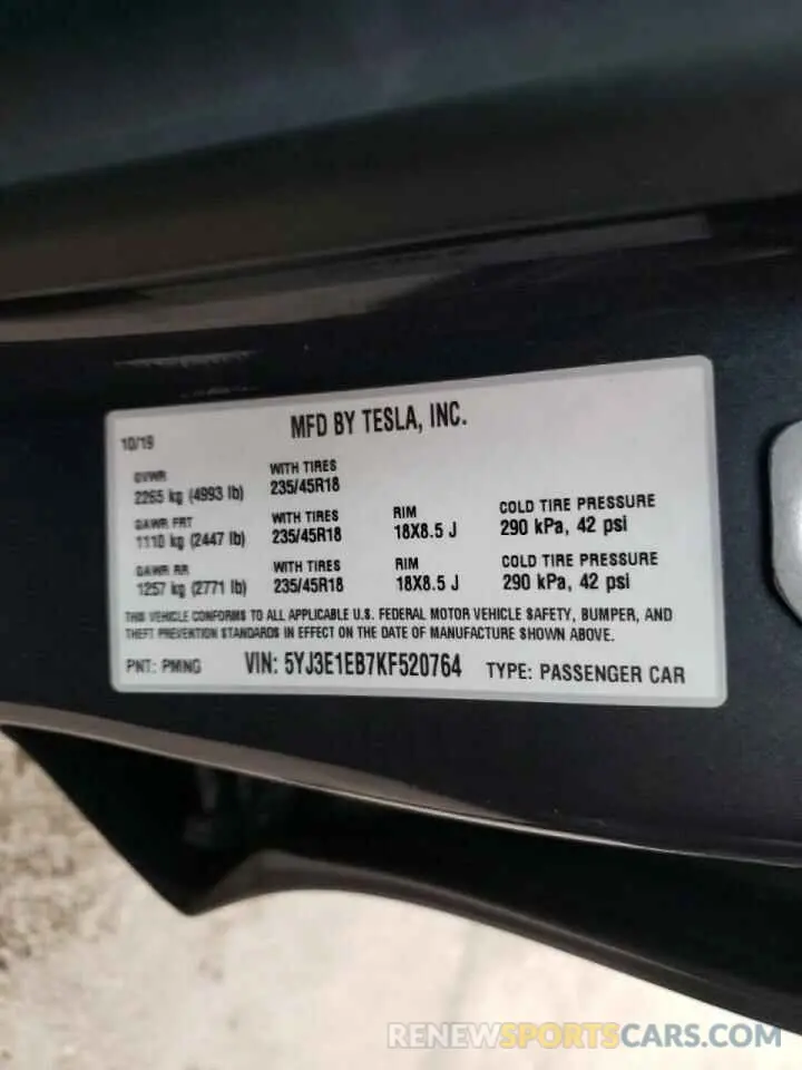 10 fotografías del automóvil dañado 5YJ3E1EB7KF520764 TESLA MODEL 3 2019