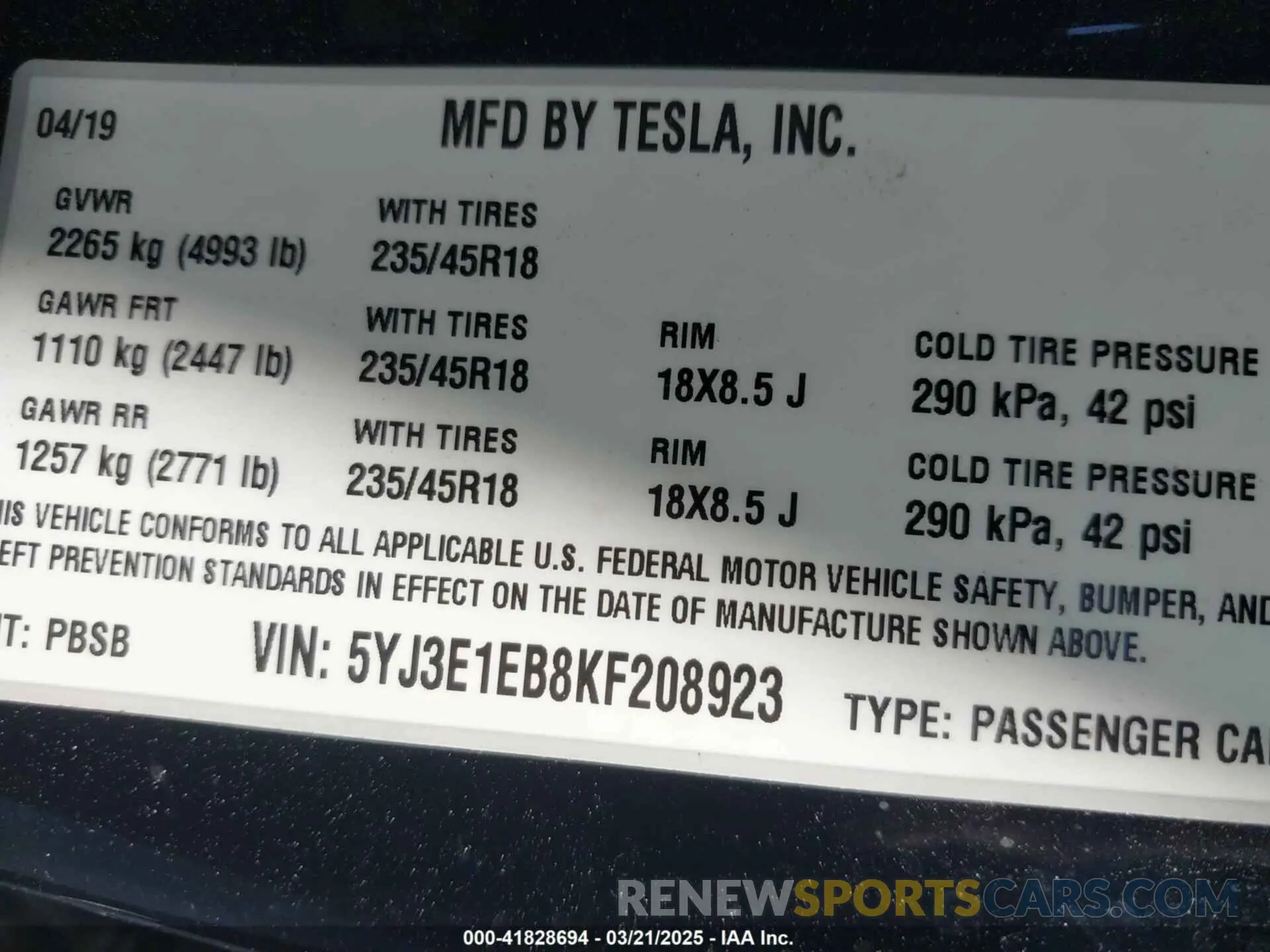 9 fotografías del automóvil dañado 5YJ3E1EB8KF208923 TESLA MODEL 3 2019