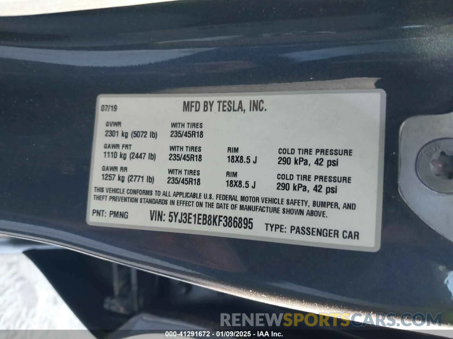 9 fotografías del automóvil dañado 5YJ3E1EB8KF386895 TESLA MODEL 3 2019