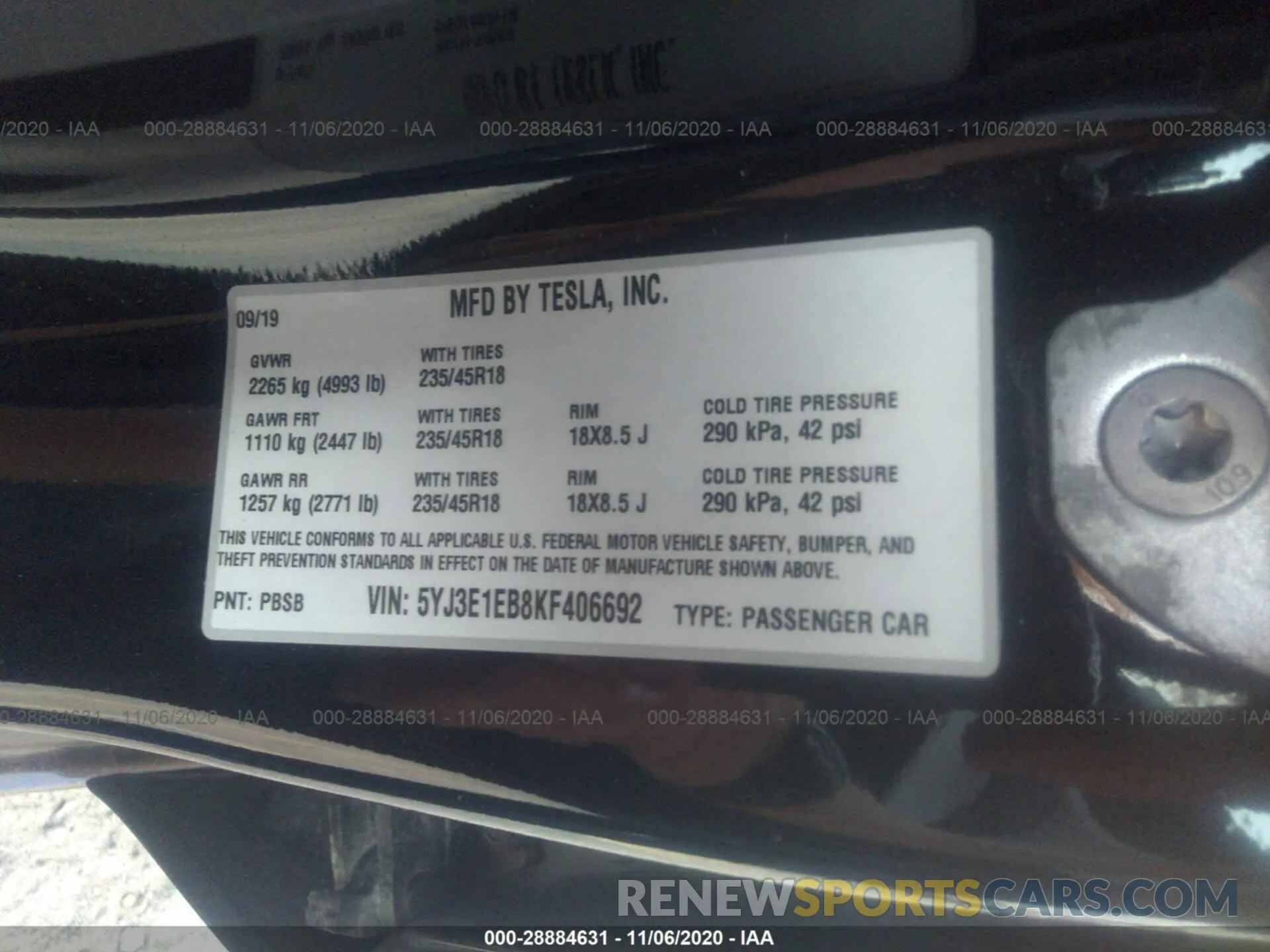 9 fotografías del automóvil dañado 5YJ3E1EB8KF406692 TESLA MODEL 3 2019