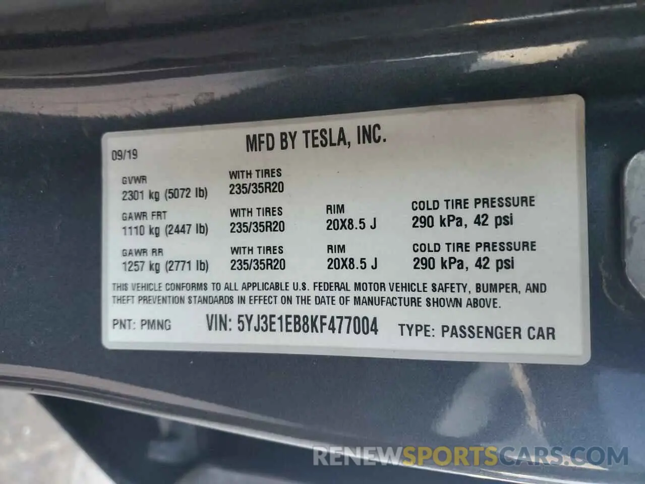 14 fotografías del automóvil dañado 5YJ3E1EB8KF477004 TESLA MODEL 3 2019