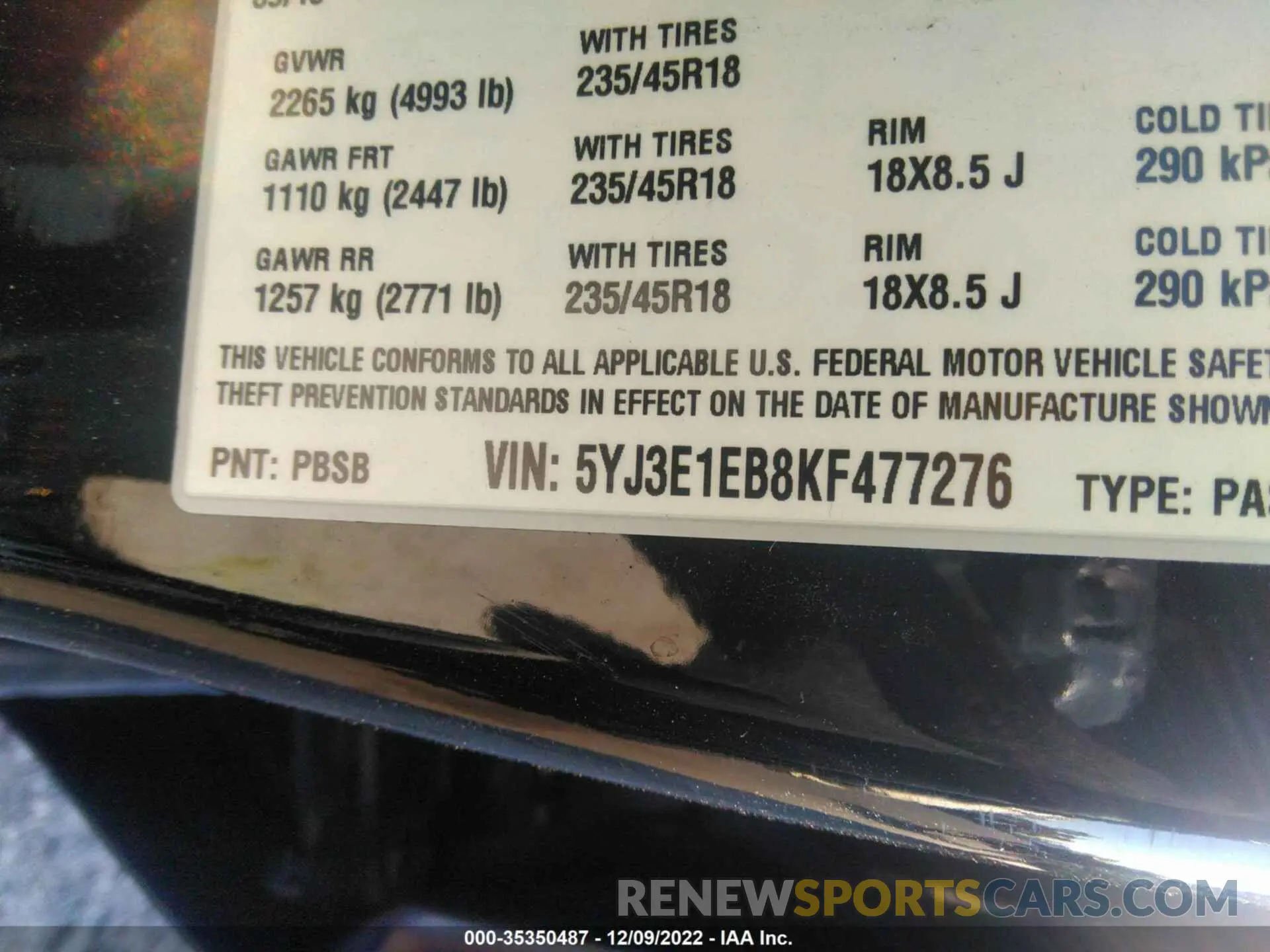 9 fotografías del automóvil dañado 5YJ3E1EB8KF477276 TESLA MODEL 3 2019