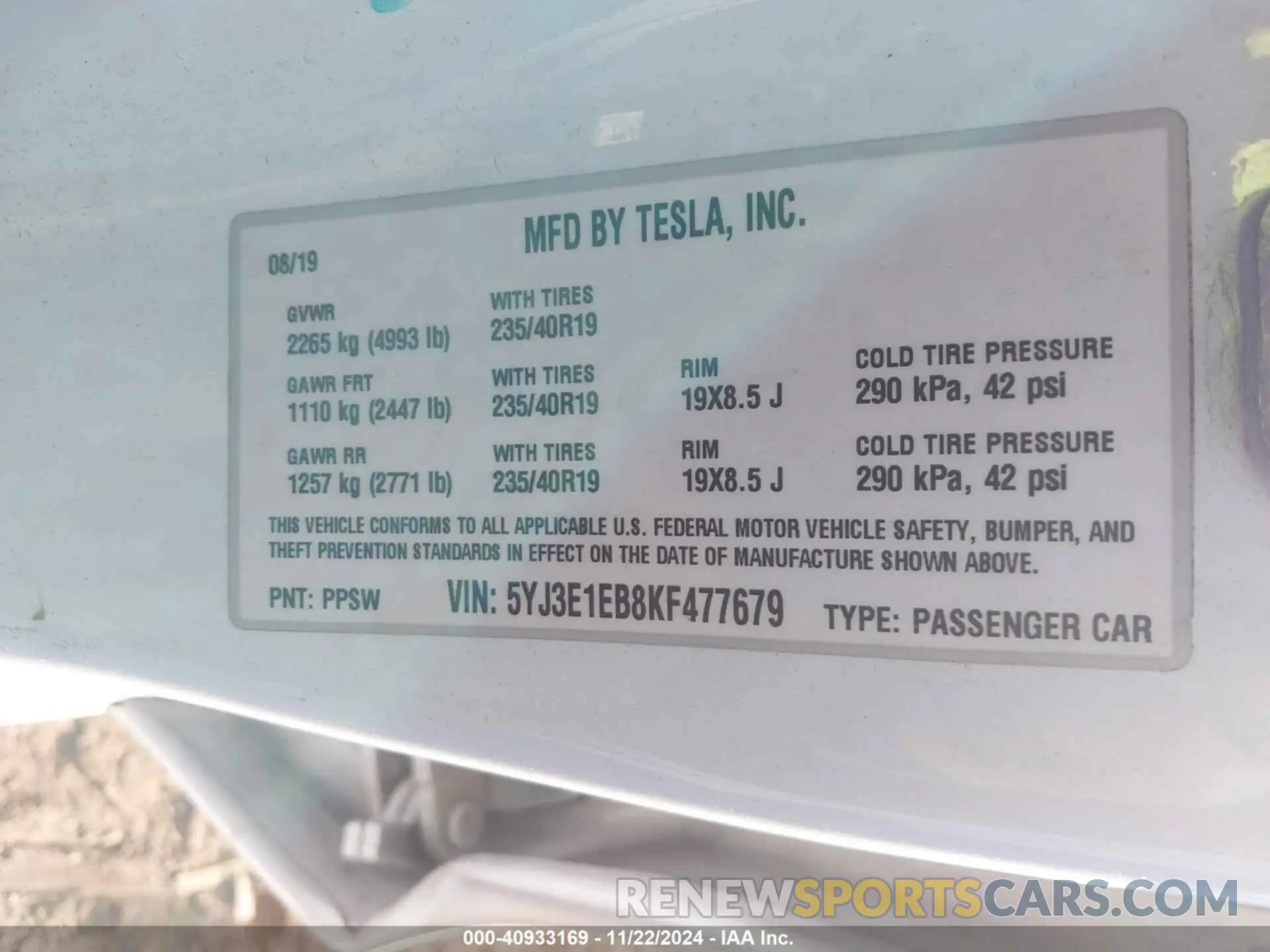 9 fotografías del automóvil dañado 5YJ3E1EB8KF477679 TESLA MODEL 3 2019