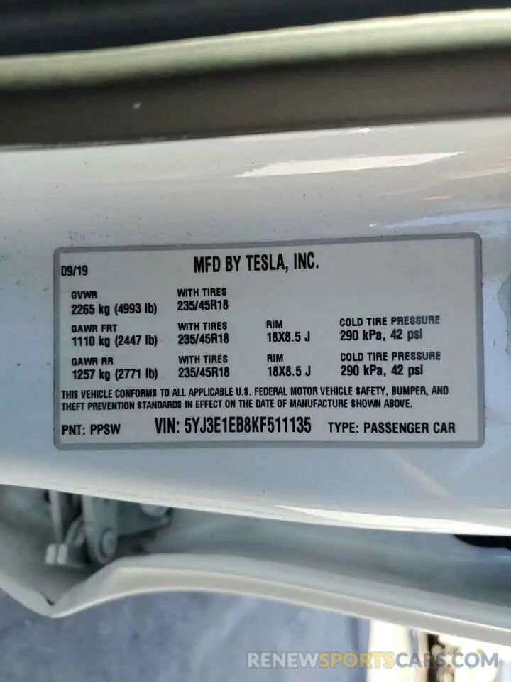 12 fotografías del automóvil dañado 5YJ3E1EB8KF511135 TESLA MODEL 3 2019