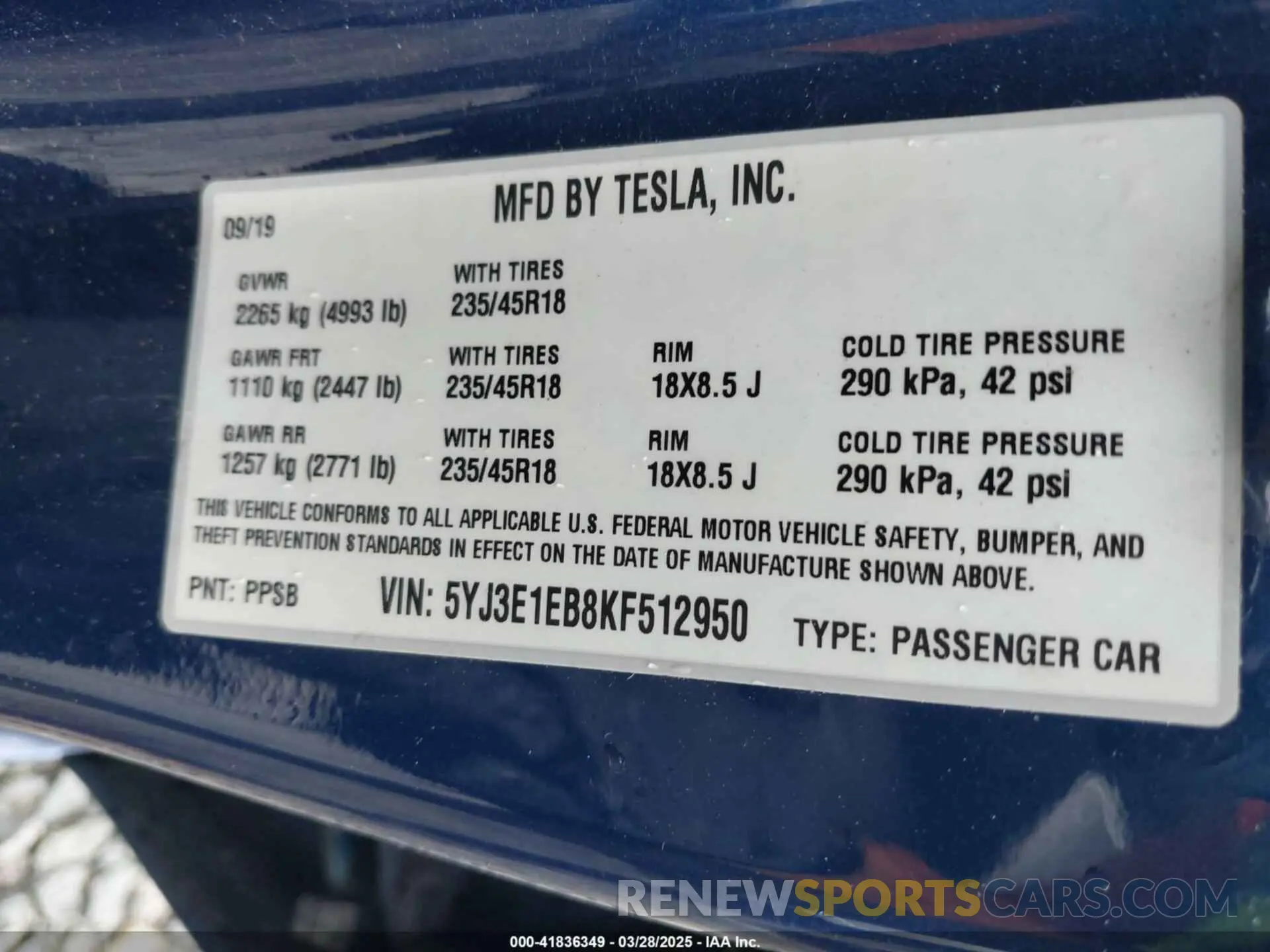9 fotografías del automóvil dañado 5YJ3E1EB8KF512950 TESLA MODEL 3 2019