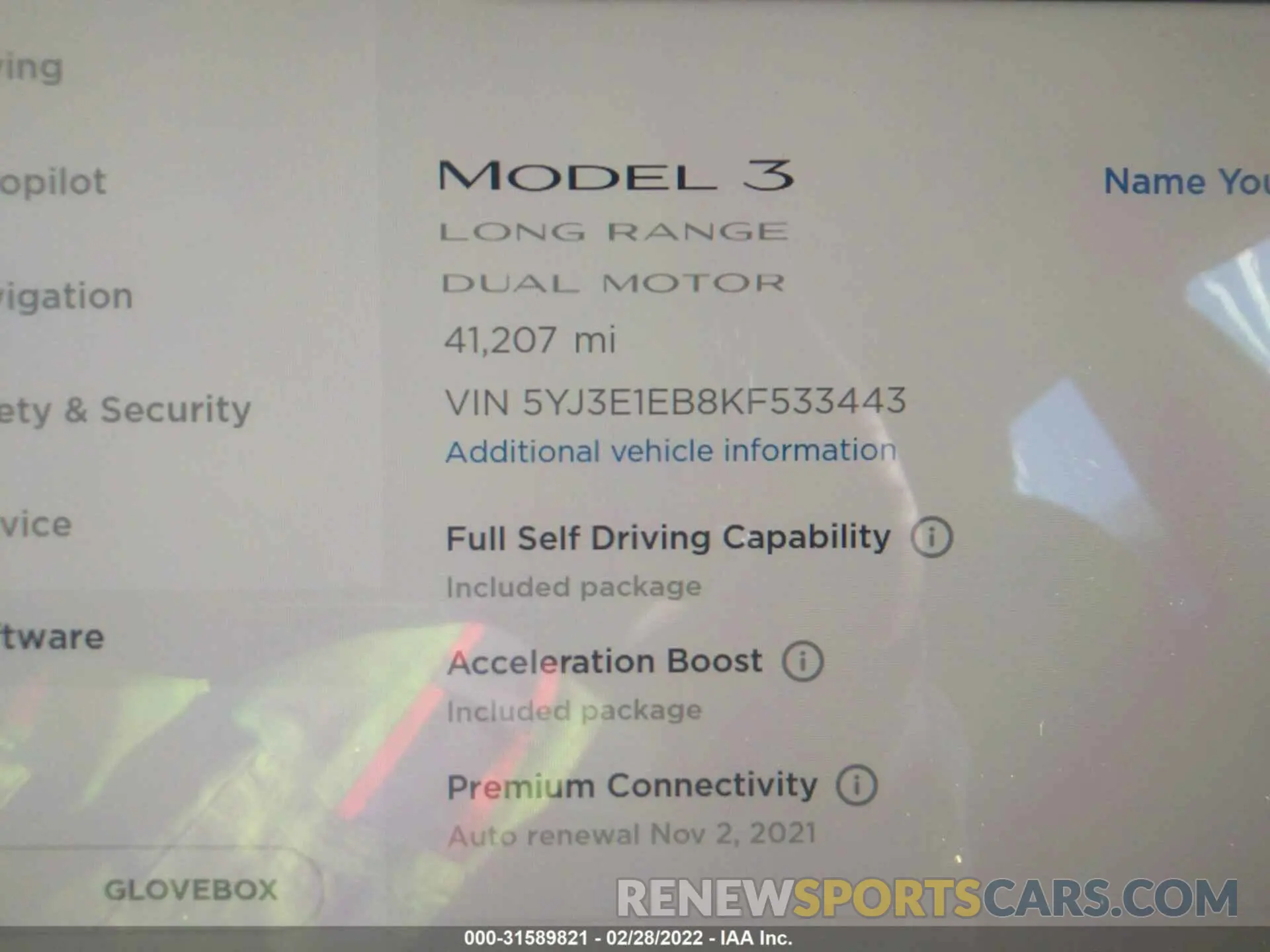 7 fotografías del automóvil dañado 5YJ3E1EB8KF533443 TESLA MODEL 3 2019
