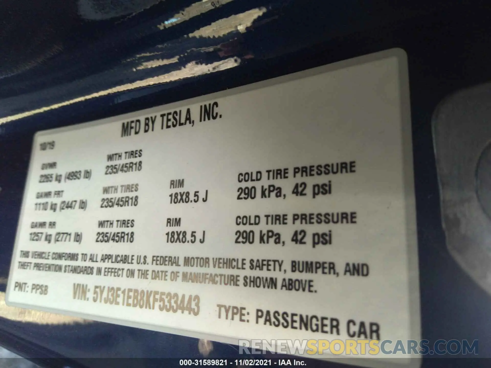 9 fotografías del automóvil dañado 5YJ3E1EB8KF533443 TESLA MODEL 3 2019